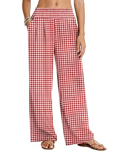 LOMON Palazzo Pants for Women Casual Wide Leg Flowy Pants Beach Vacation Clothes Elastic Waist Boho Trousers with