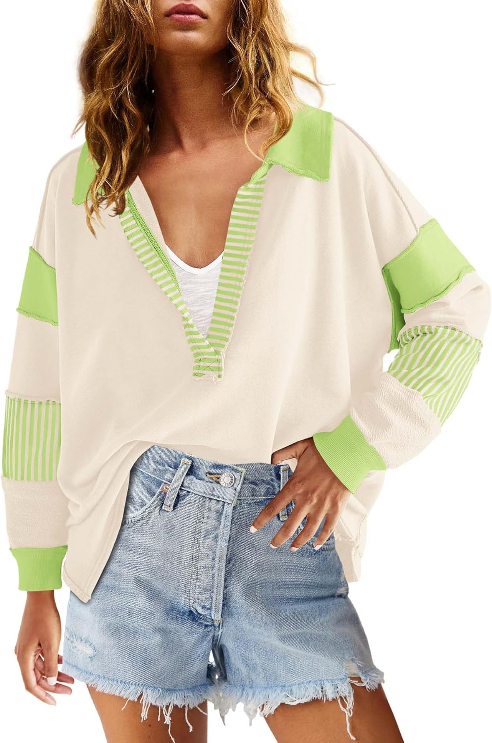 ReachMe Womens Oversized Striped Sweatshirts V Neck Loose Fit Tunic Colorblock Polo Shirts Patchwork Pullover Tops