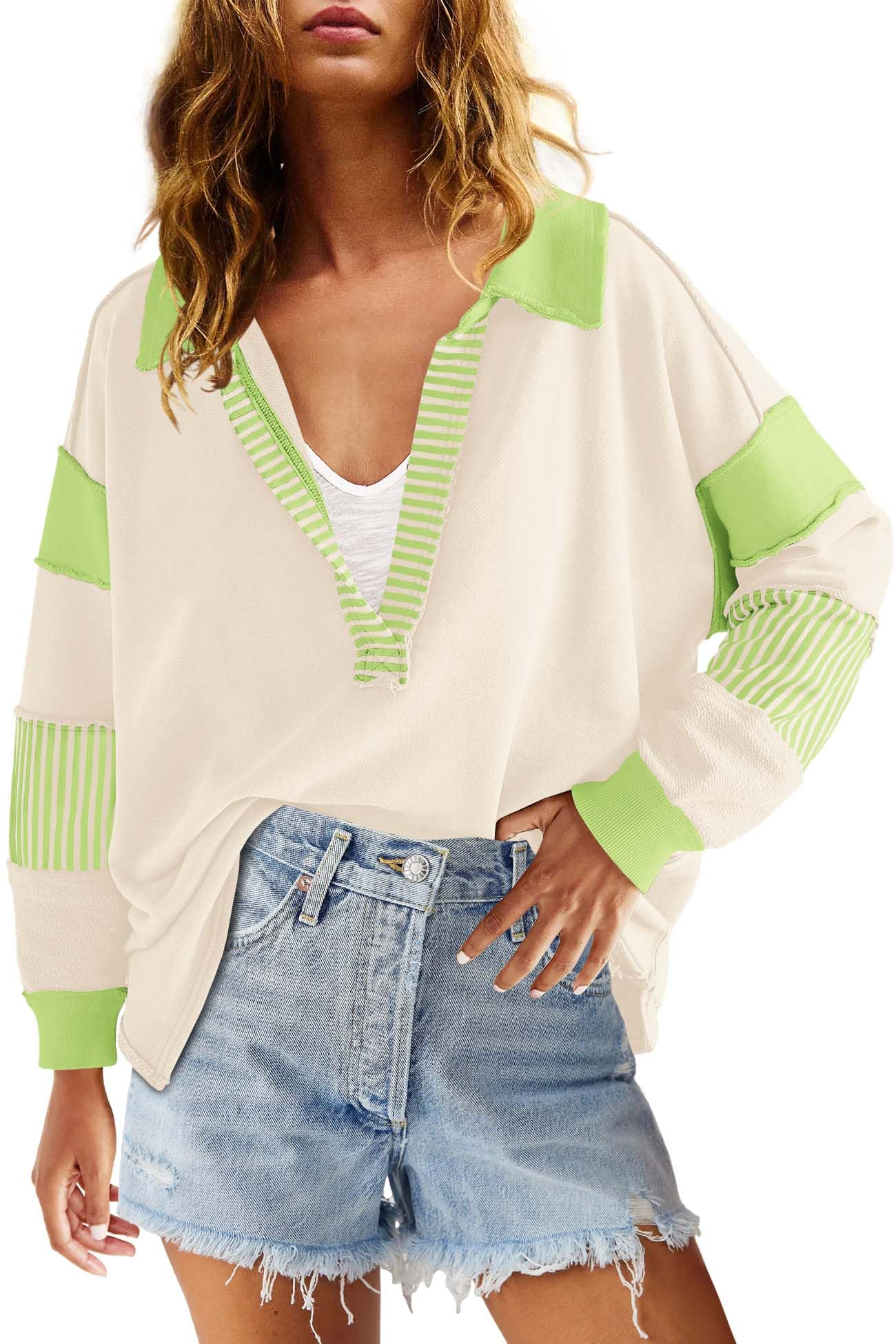ReachMe Womens Oversized Striped Sweatshirts V Neck Loose Fit Tunic Colorblock Polo Shirts Patchwork Pullover Tops
