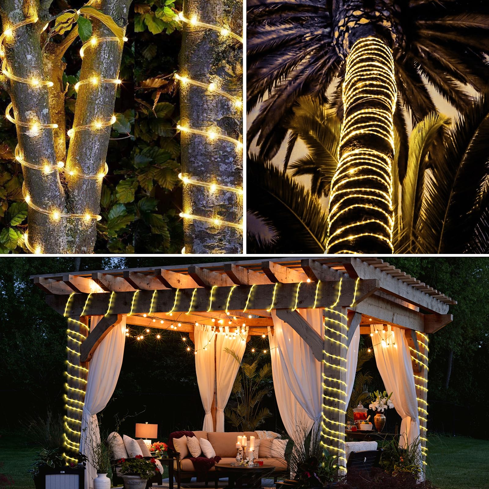 WIND STAR Cuerda de luz solar para exteriores, 39 pies, 100 LED, funciona con energía solar, 8 modos, IP65, impermeable, tubo solar, decorativo para patio, jardín, valla, fiesta, camping, boda