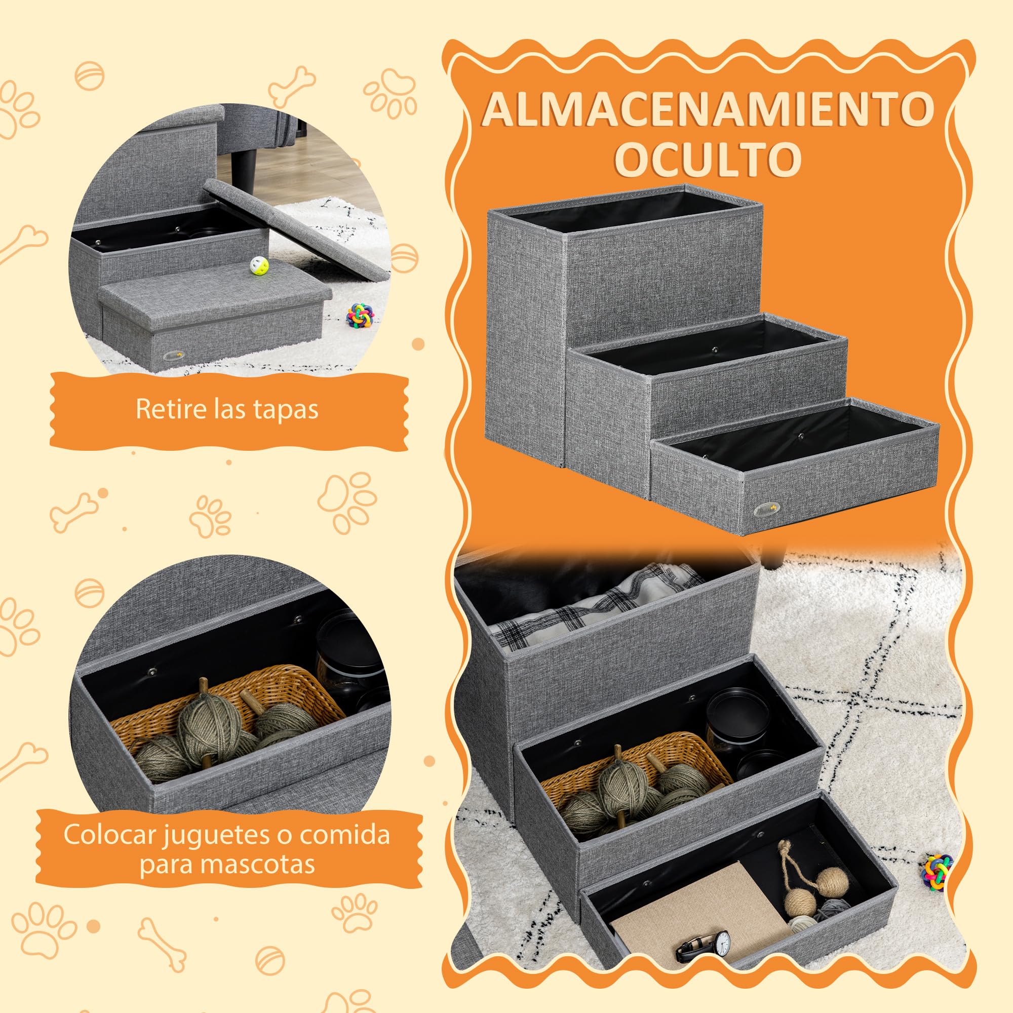 PawHut Escalera para Mascotas para Perros Gatos 63,5x42,5x40,5 cm Gris | 3 Peldaños, Escalones, con Tapas Abribles, Espacio de Almacenamiento