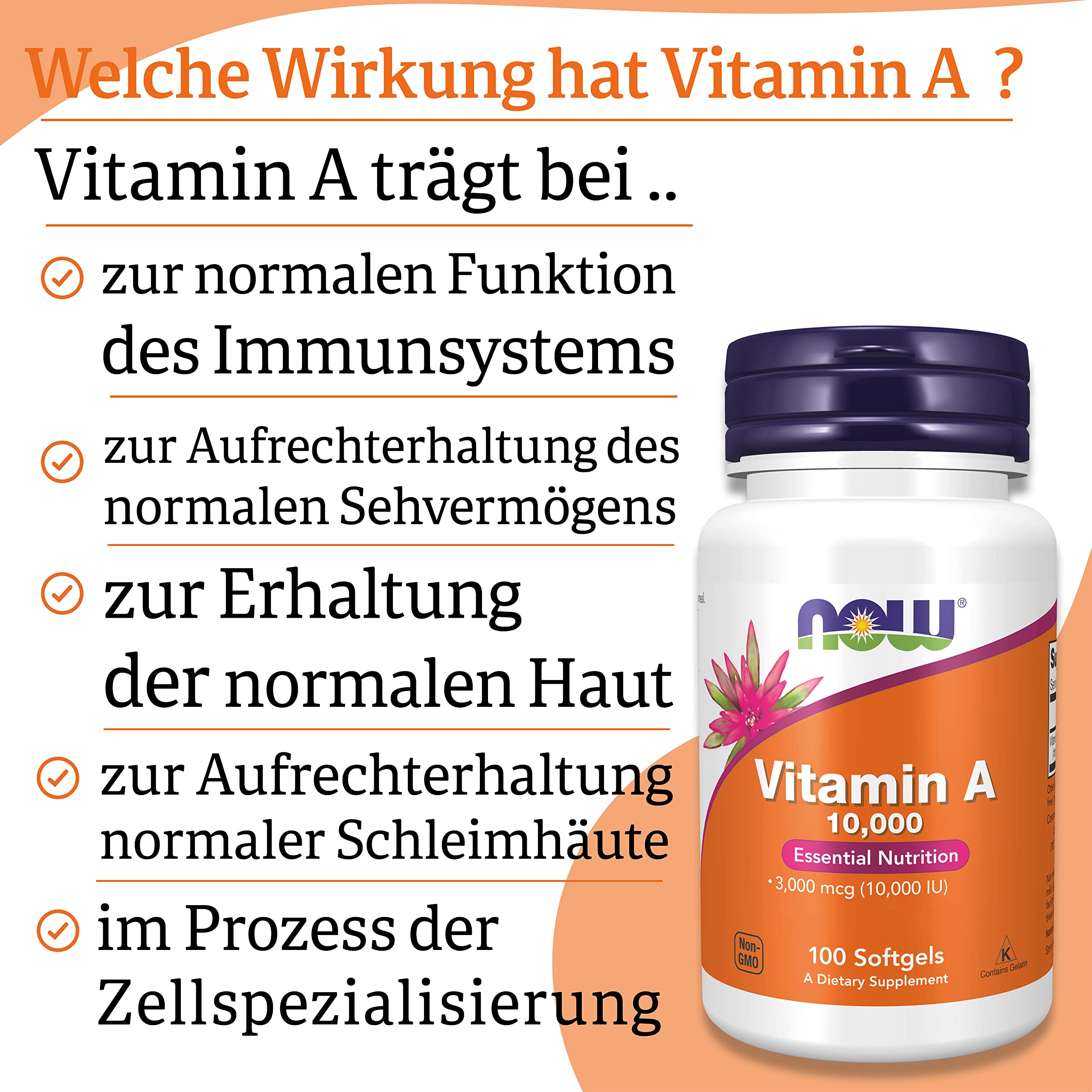 Now Foods, Vitamin A, 10.000IU (3.000mcg), aus Retinylpalmitat und Lebertran, Hochdosiert, 100 Kapseln, Laborgeprüft, Glutenfrei, Sojafrei, Ohne Gentechnik