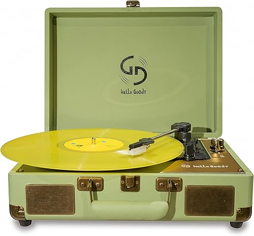 HelloGoody - Tocadiscos de vinilo inalámbrico de 3 velocidades, tocadiscos portátil de maleta, altavoces estéreo integrados, lápiz capacitivo extra,