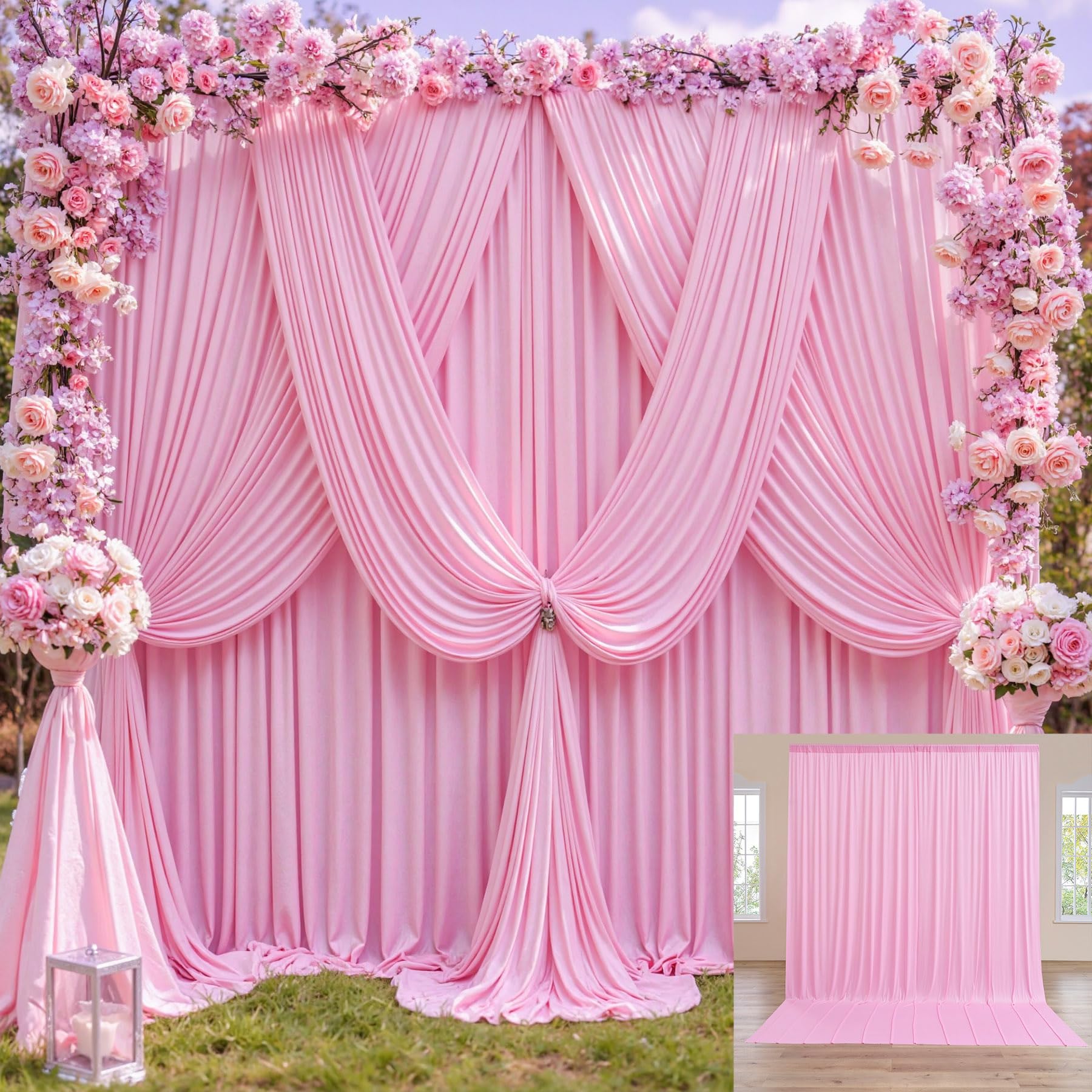 12ft x 10ft Wrinkle Free Pink Backdrop Curtains for Parties, 2 Panels 12FT Long Silky Pink Photo Backdrop Drapes Back Drop Cloth for Wedding Birthday