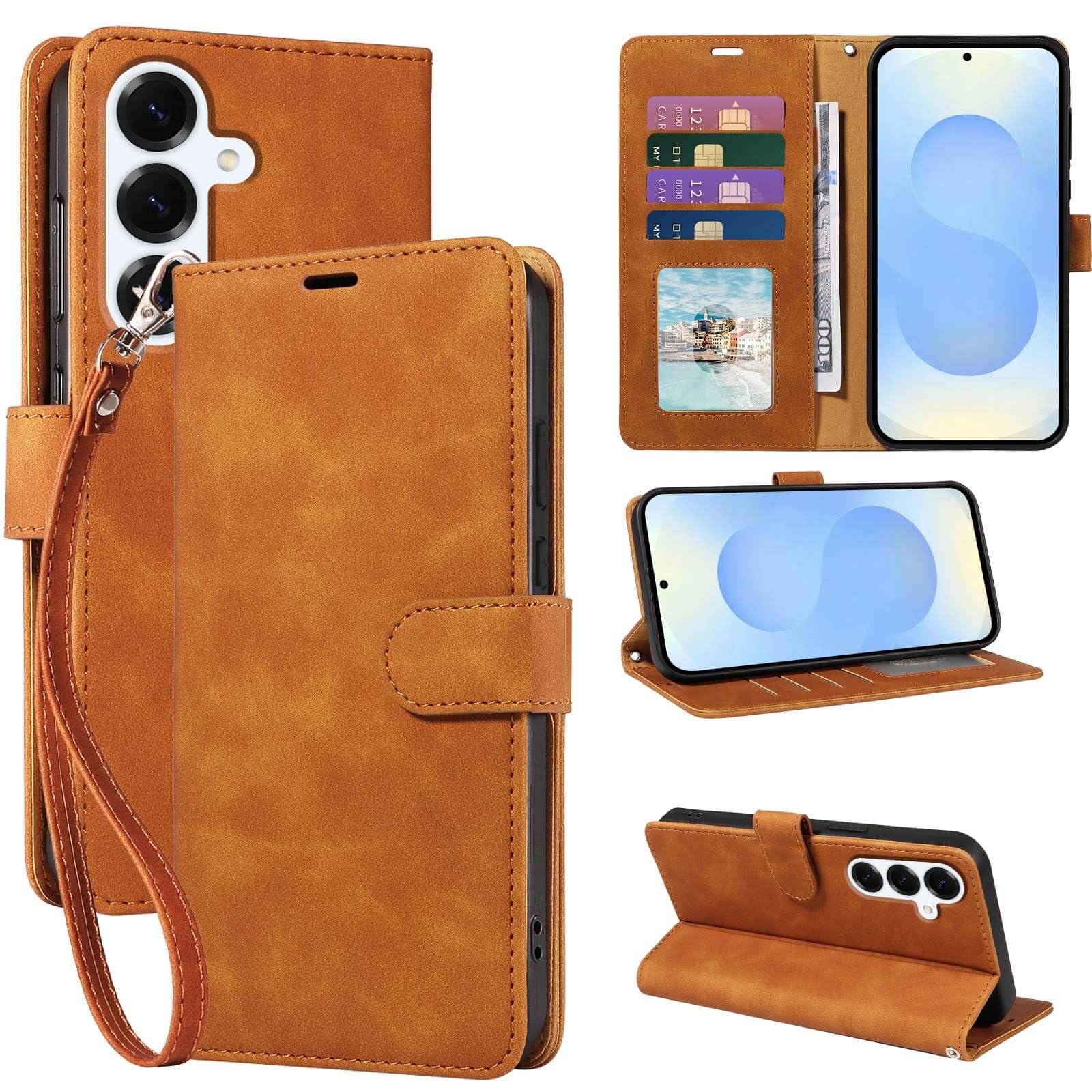 JHWVVTF for Galaxy S24/25 Case Wallet, RFID Blocking 4 Card Slots Holder, Wrist Strap, Shockproof Protective, Stand Soft PU Leather Folio Flip Cover