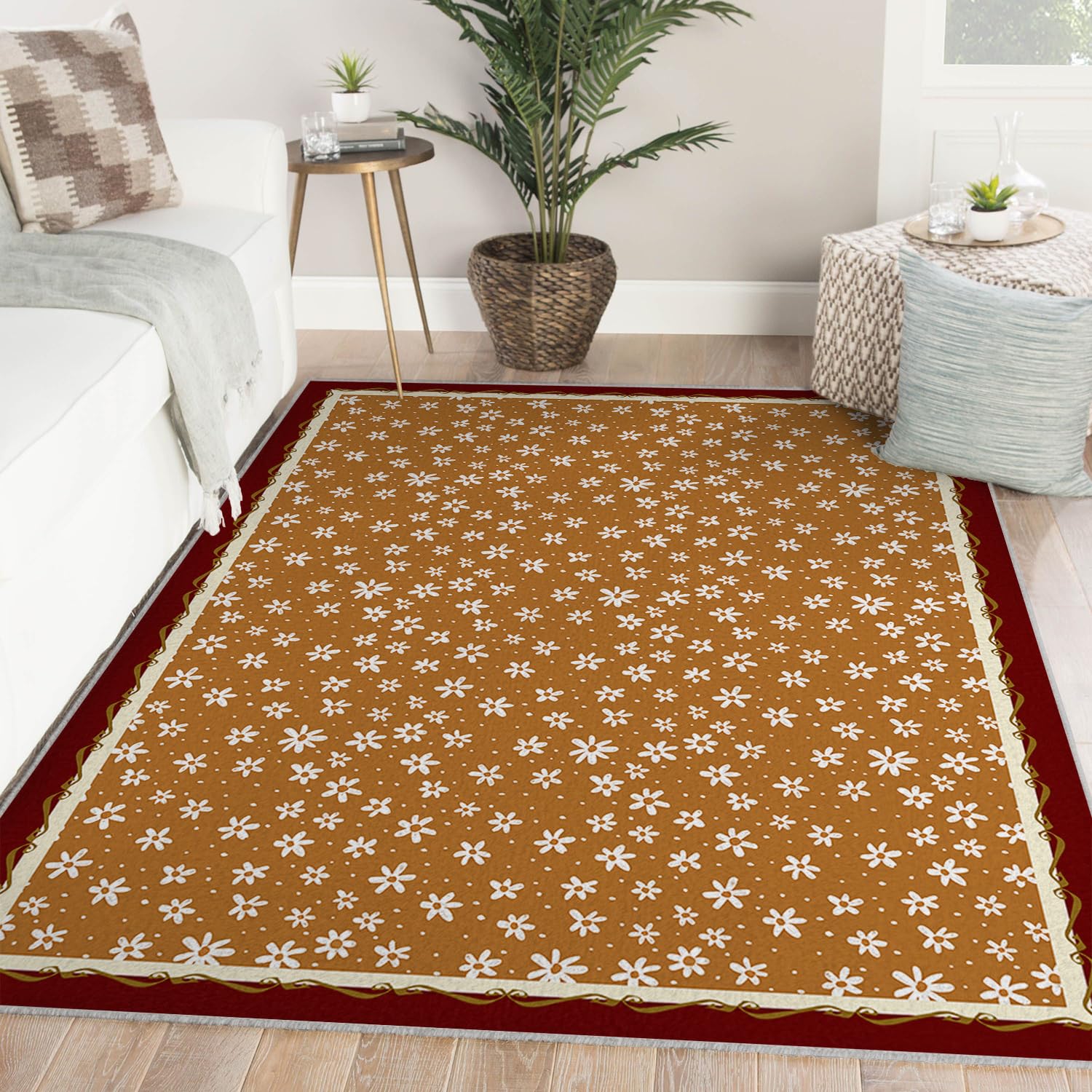 Tapis 100x150cm marron salon à poils bas et motif marguerite