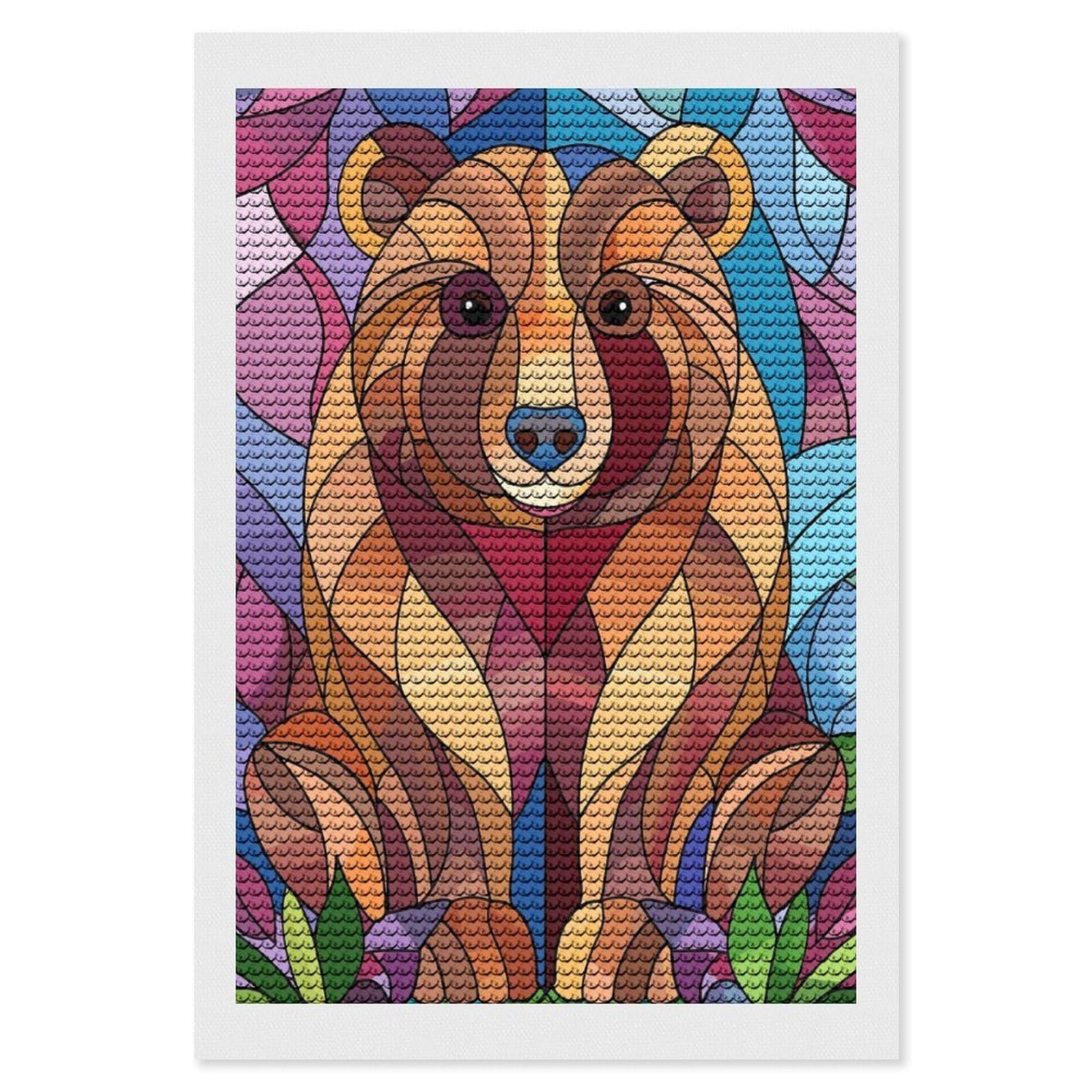Junmoney Stained Glass Bear Portrait Round Drill Diamond Painting 8"x12", for Craft Lovers, Stress Relief Craft, Bedroom Decor, Festive Craft Gift