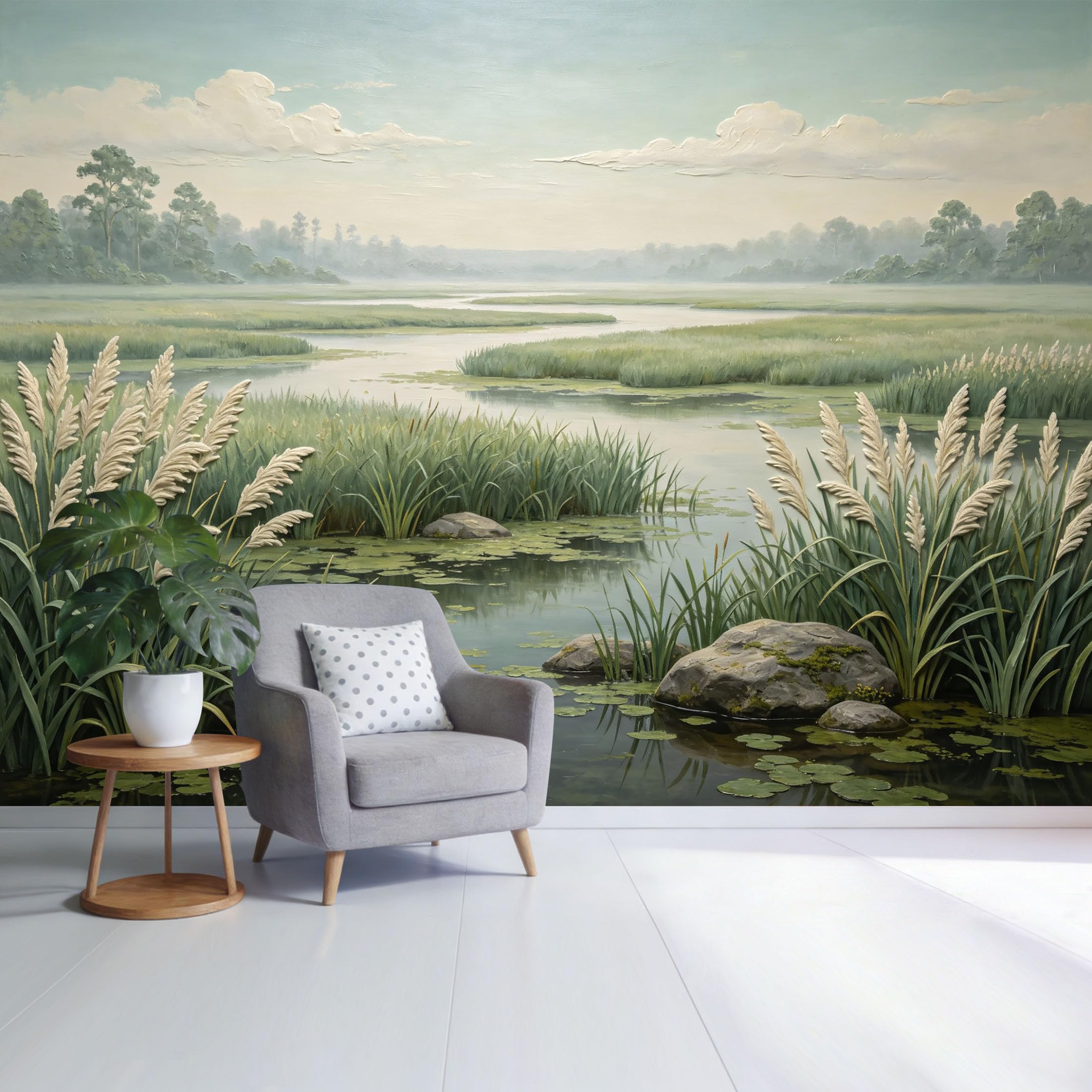 Custom Size Wall Mural Tranquil Lake Landscape with Reed Grass and Misty Forest Oil Painting Style SelfAdhesive Wall Fabric Removable Wallpaper for Home Office Decor