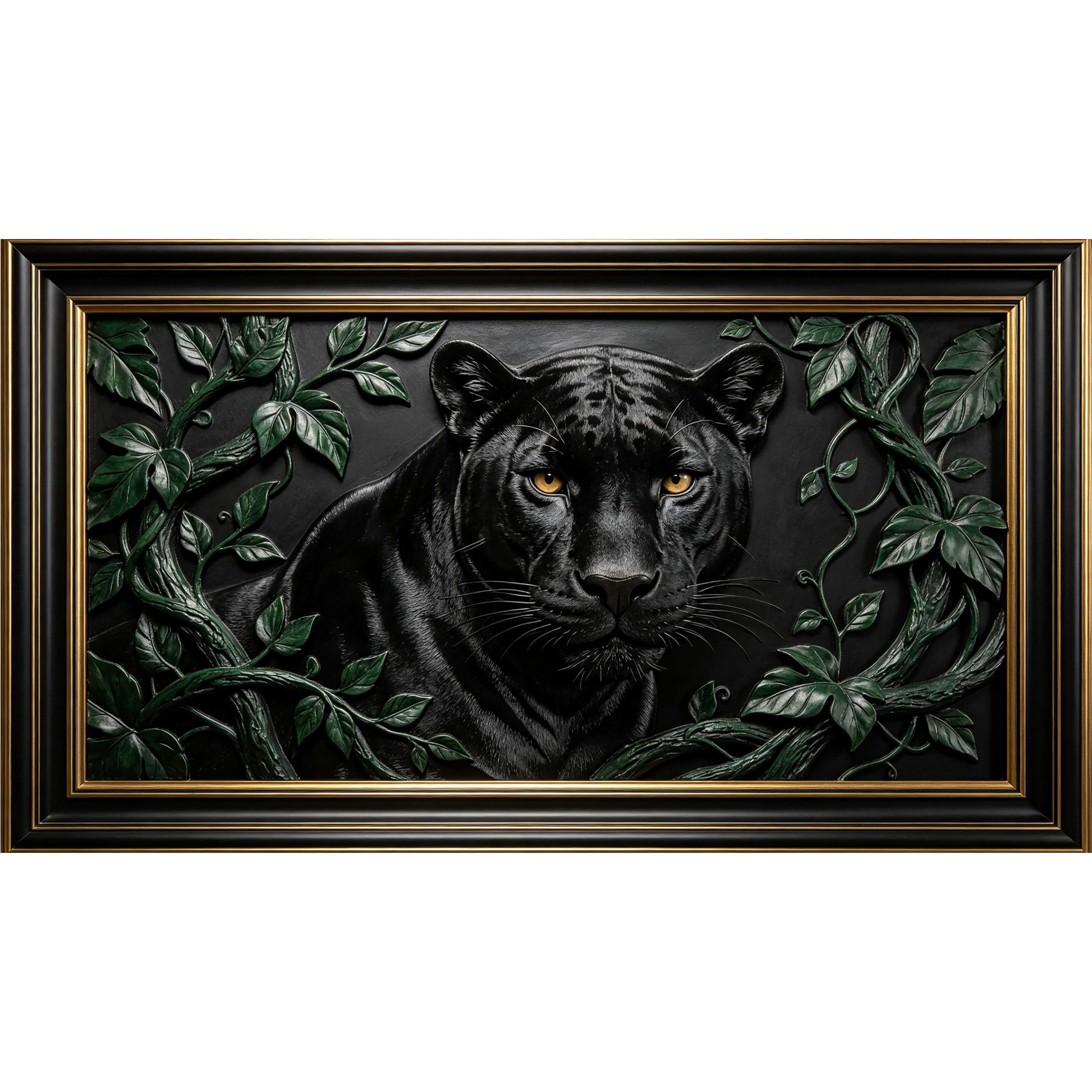 QZLITHOTIC 50x90cm3D Framed Wall Art， Black Panther Jungle Botanical Self‑Adhesive Mural， Water‑Activated Peel & Stick Fabric Decor Wall Decal for Bedroom Living Room