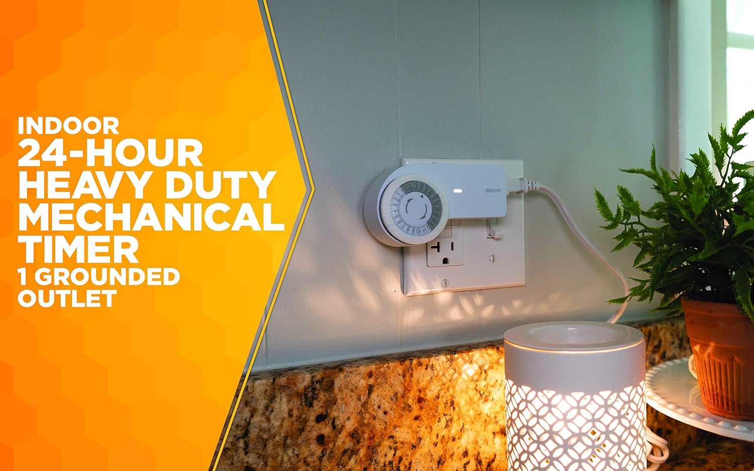 Woods 50102WD Indoor 24-Hour Heavy Duty Mechanical Timer, 1 Grounded Outlet, Slim Body Design - - 