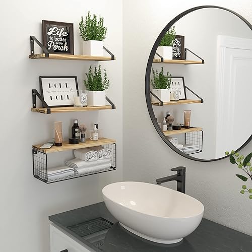 Miniatura 7 de DOLLFIO Estantes flotantes para baño con cesta, estantes de pared de madera, estantes flotantes para decoración de pared, estante flotante montado