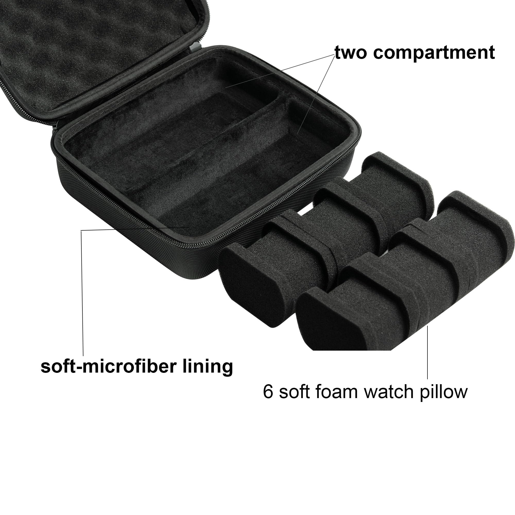 Hard 6 slots watch travel case, men's watch travel organizer, hard watch box for display and organization (Black, 6 slot with 2 compartment)
