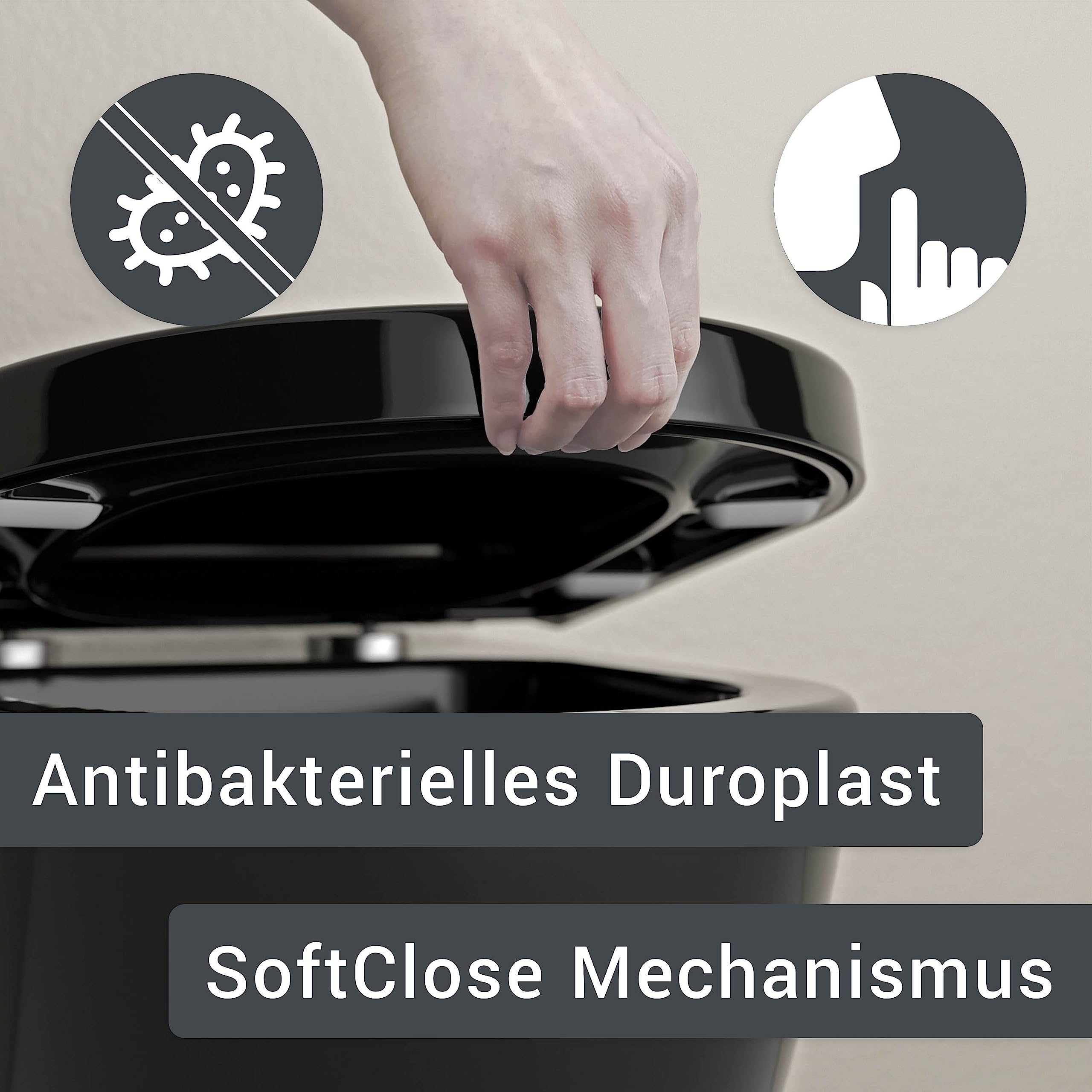 Bernstein WC-Sitz U1002 Schwarz glänzend D-Form – Toilettensitz aus Duroplast mit Absenkautomatik, Soft-Close WC-Deckel, abnehmbarer WC-Sitz mit Take-Off-Funktion und Edelstahlbefestigung