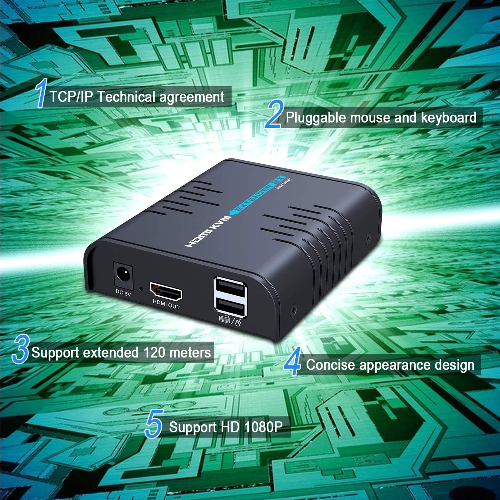 Extensor KVM USB HDMI sobre cable Ethernet de un solo gato 5/5E/6/7 - Extensión de señal de hasta 393.7 ft/365 pies - Soporte USB para teclado y mouse - Adaptador para uso residencial/comercial 7