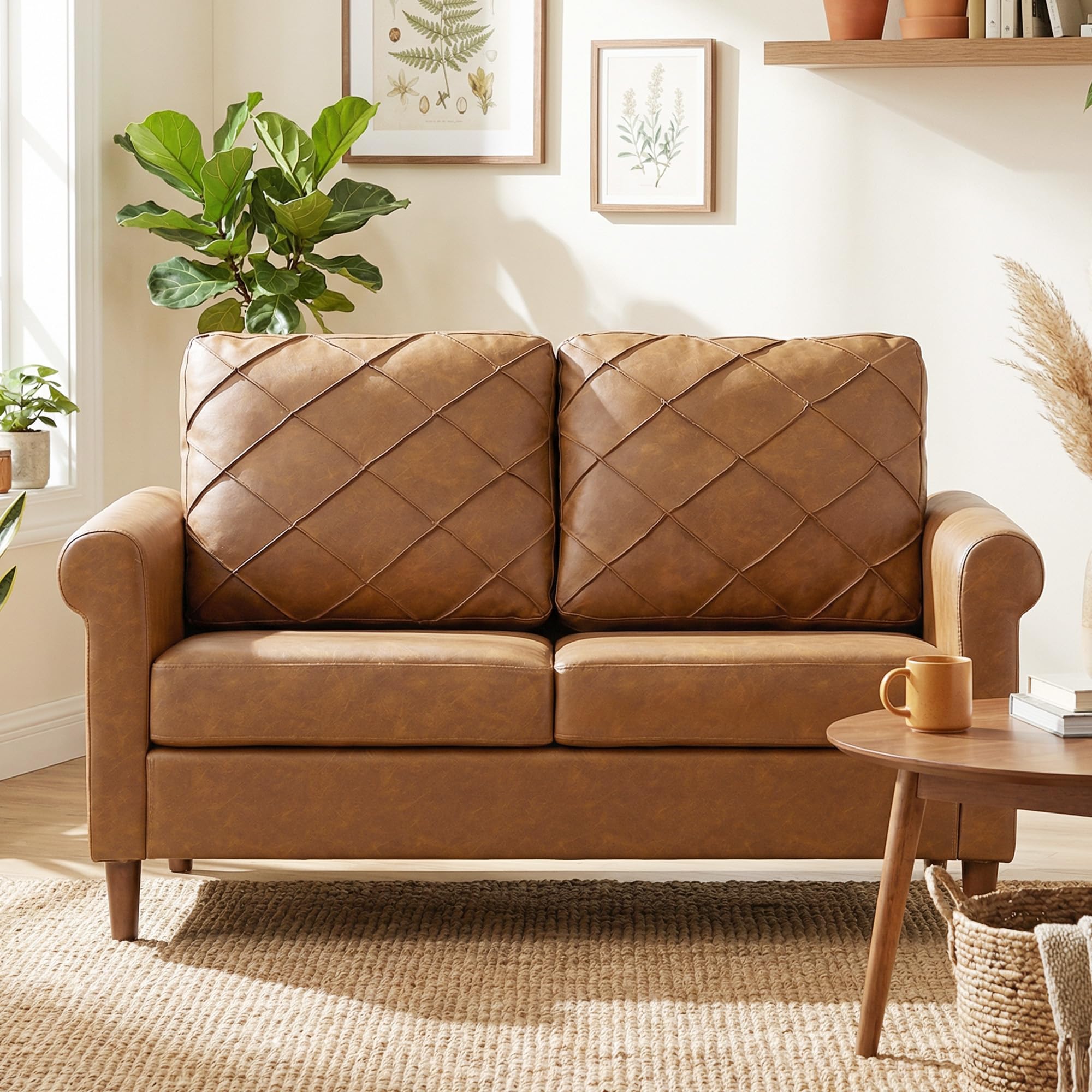 HOMCOM Sofá de 2 Plazas Sofá Moderno Tapizado en PU 134x71x82 cm Marrón | Cojín Grueso, Respaldo con Costuras, Asiento Amplio, Patas de Madera Maciza, Salón, Dormitorio, Oficina