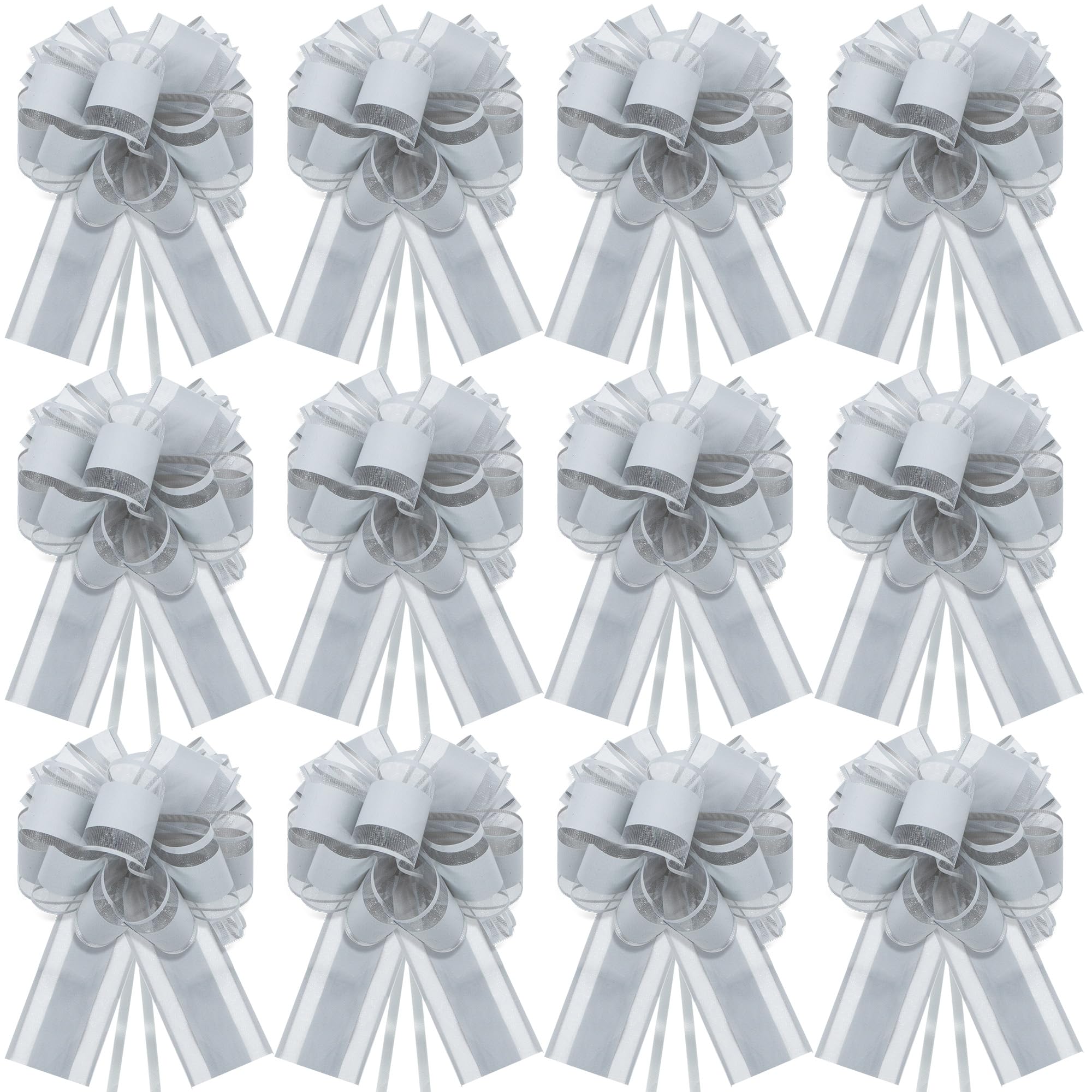 Time to Sparkle 12PCS Organza Pull Bows 17cm*22cm Gift Wrapping Bows Present with Ribbon Pull String for Christmas Baskets,Party Present,Holiday - Silver
