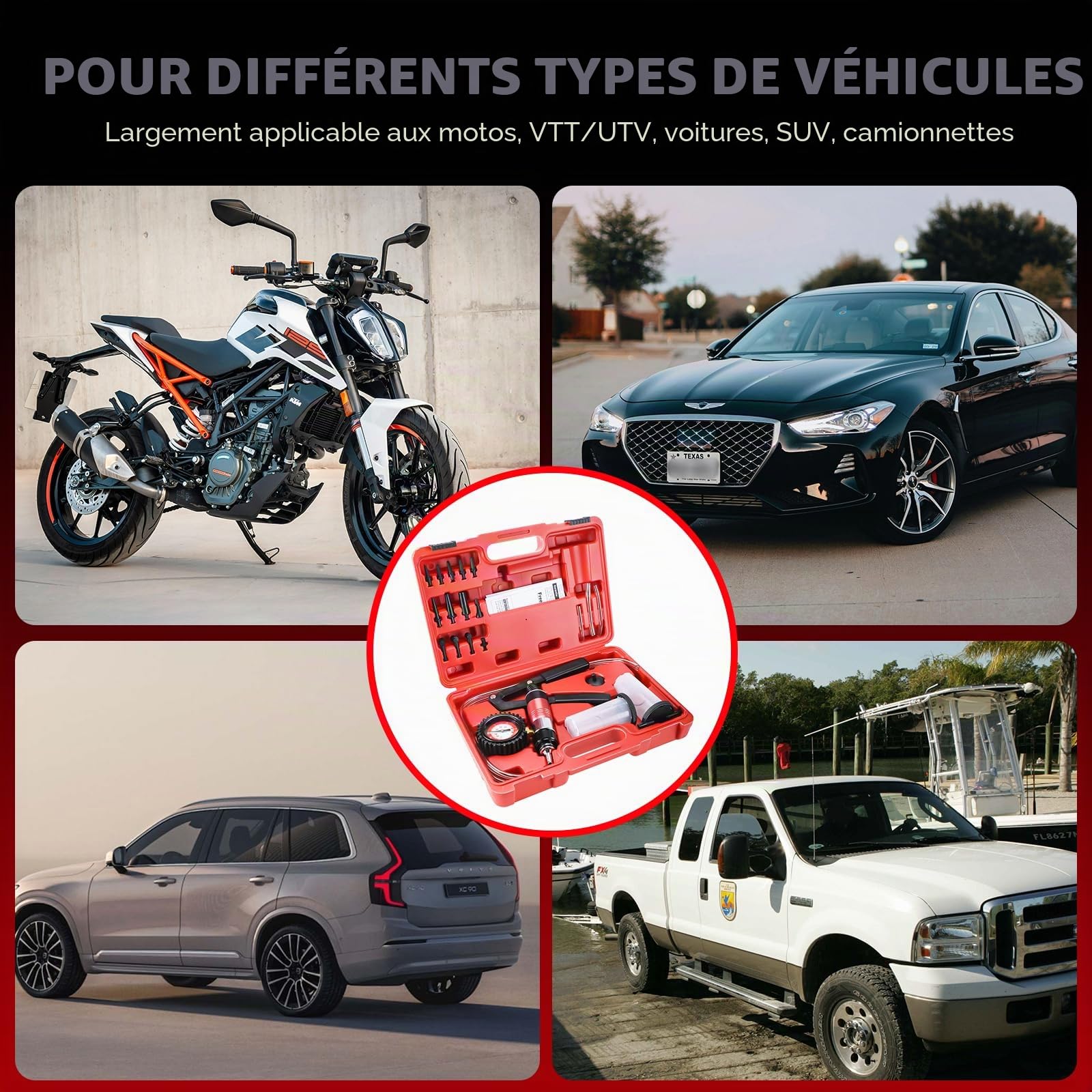 FreeTec 23 Pièces Purge de Frein à Vide, 40 PSI 26 HG Pompe a Depression de Purgeur de Frein, Manuelle Pompe a Vide de Purge Liquide de Frein pour Voiture, Moto, Camion (Rouge)