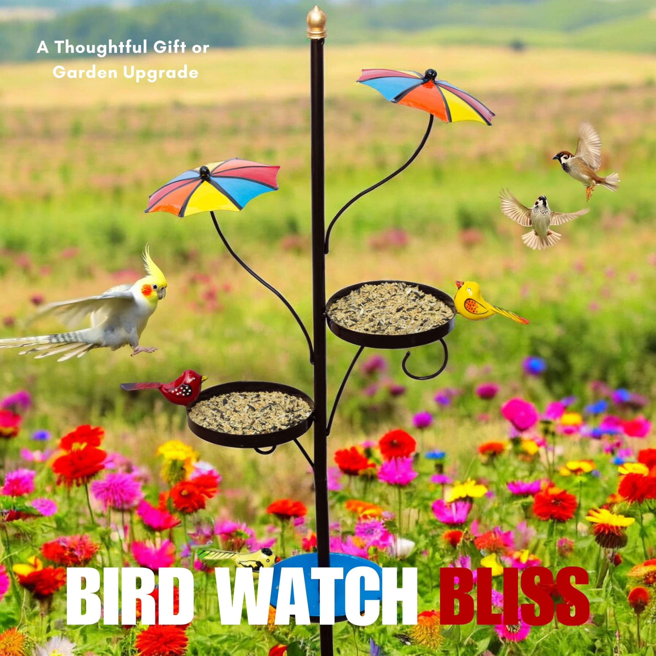 Kraftskala Outdoor Bird Feeder with Water Bowl & Two Seed Trays, Rust-Resistant 2-Part Metal Pole – Perfect Garden or Backyard Decor for Bird Watching and Feeding 2