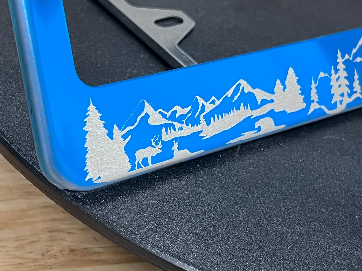 Blue Chrome Laser Etched Mountain View Stars Wild Life T304 Stainless Steel License Plate Frame Holder with Metal Screw Caps Cover (Qty: 1 Frame)