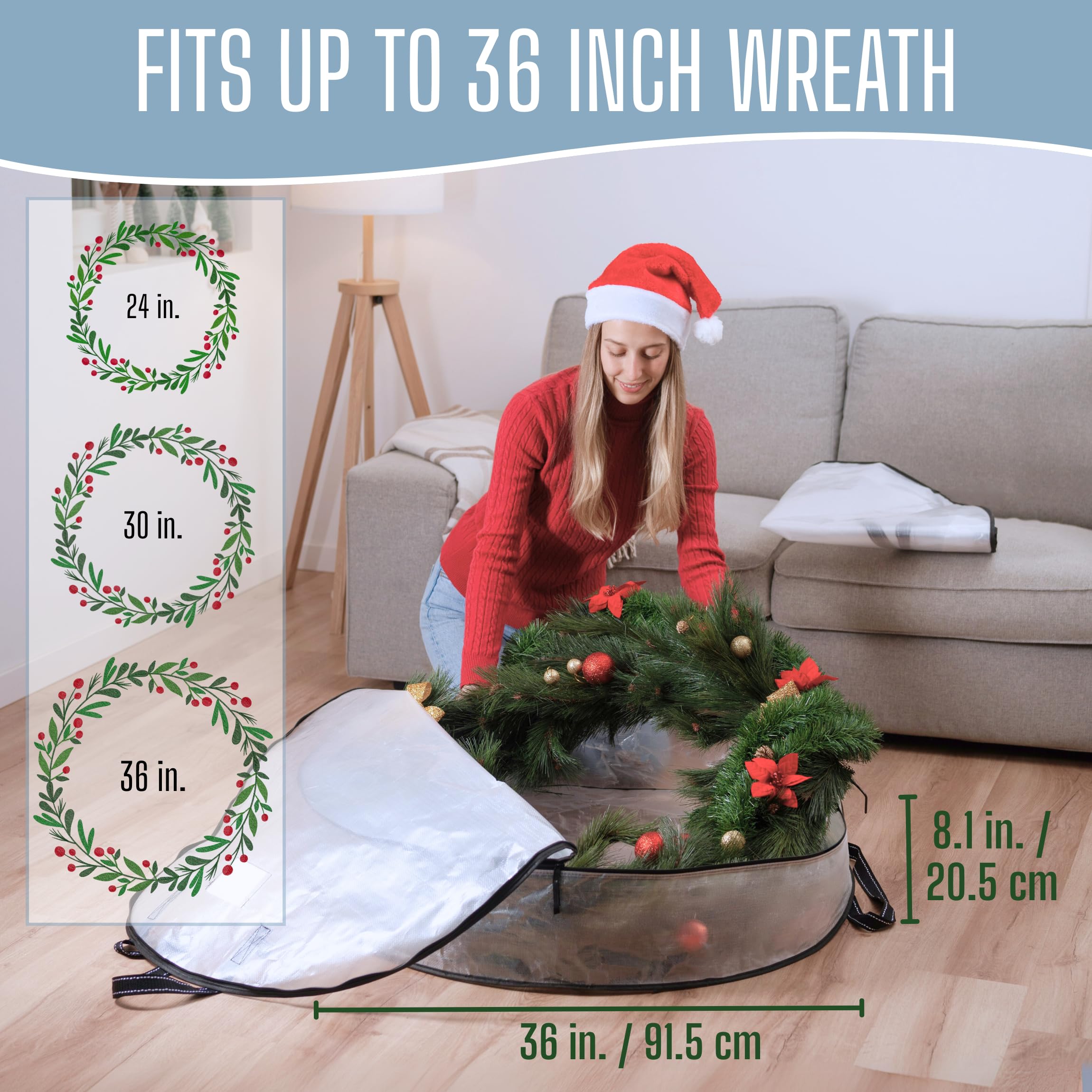 VENO Confezione da 2 contenitori per ghirlande natalizie, 91,4 cm, trasparenti, organizer per ghirlande natalizie e decorazioni natalizie, con cerniera e manici resistenti (trasparente, 91,4 cm