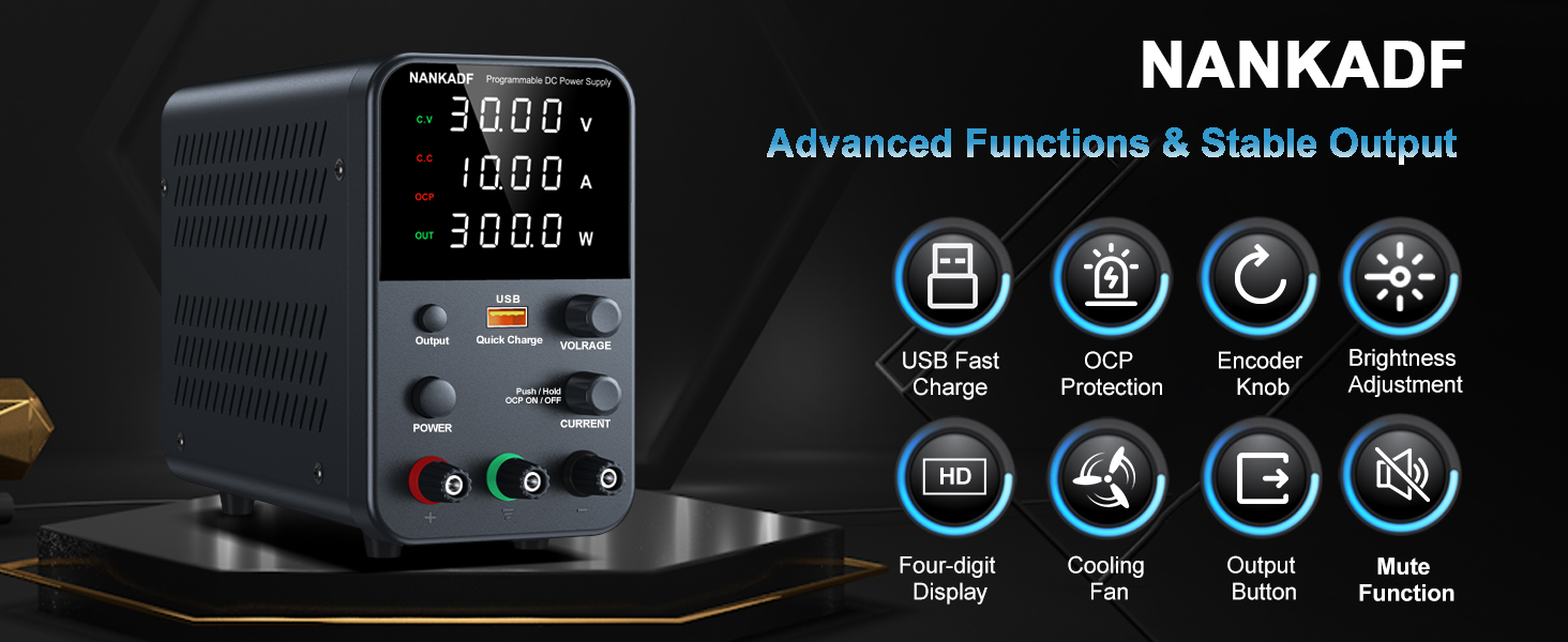 Image of DC Power Supply Variable, Bench Power Supply with Encoder Adjustment Knob, Output Enable /Disable Button, Adjustable Power Supplies with USB Quick-Charge, Short Circuit Alam (30V 5A Black)