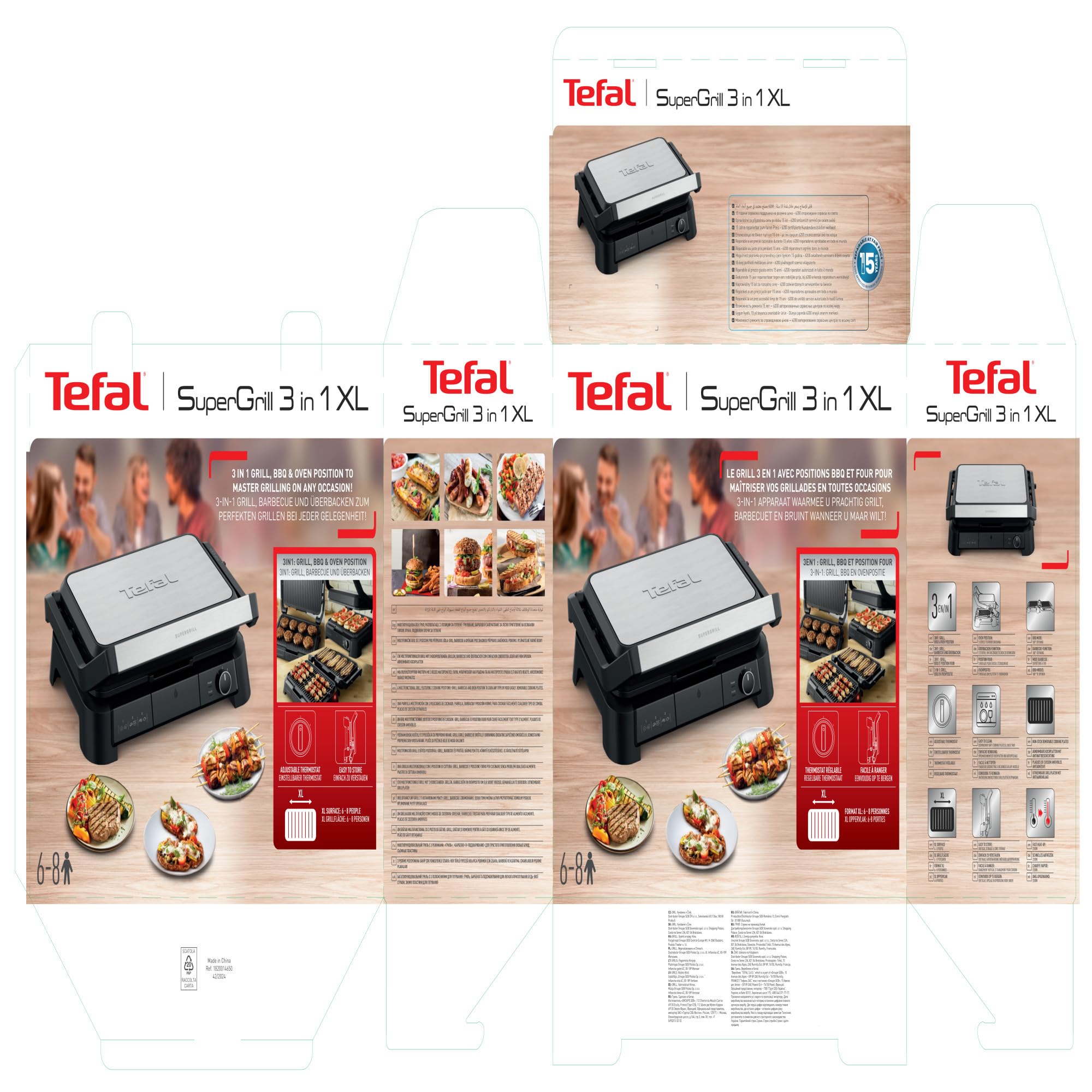 Tefal SuperGrill 3-en-1 XL, Gril de contact, Barbecue, Position four, Thermostat réglable, Surface XL, 2200W, GC520DE0