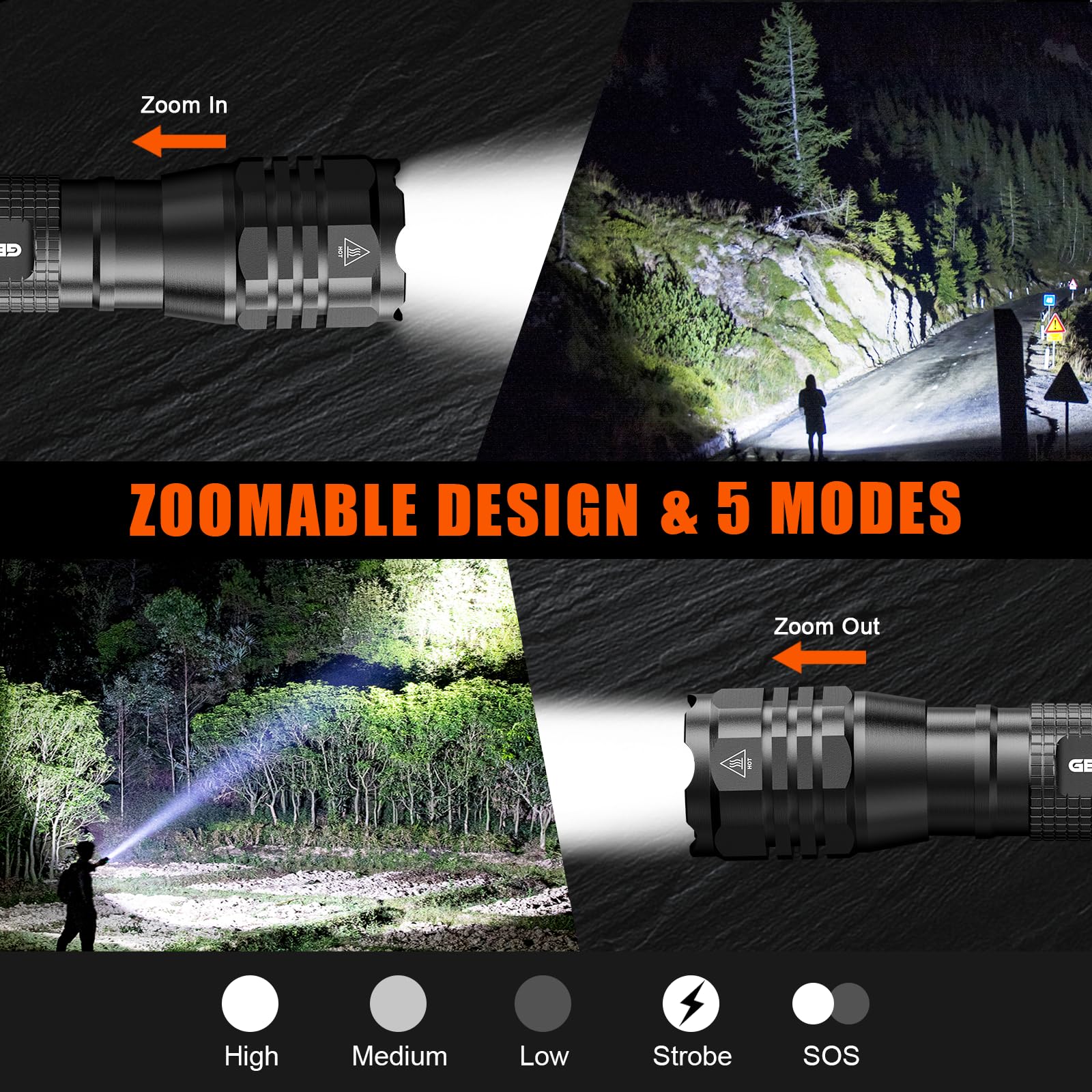 GEARLITE Linternas LED Alta Potencia Pilas, 2 Piezas Linterna Pequeña Potente de Aluminio de 4000 Lumenes con 5 Modos, Mini Linterna Impermeable IP65 con Zoom para Niños, Camping, Exteriores, Regalo