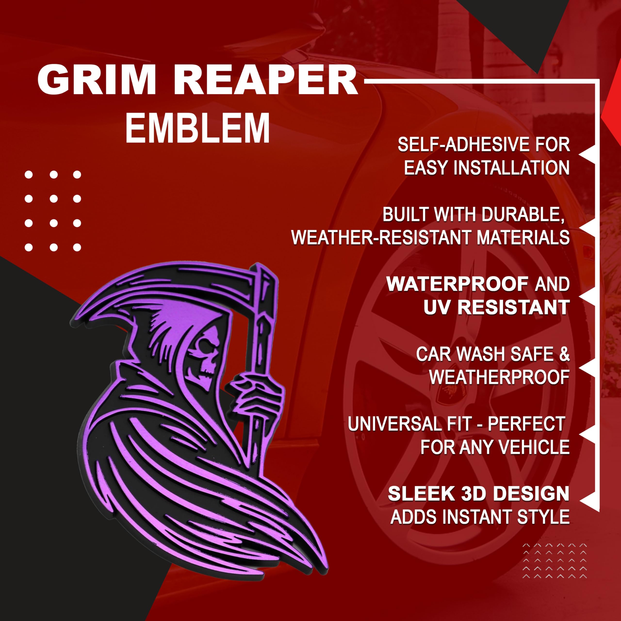 Emblema de la Parca, calcomanía 3D personalizada para automóvil, duradero, resistente a la intemperie, para el exterior del maletero, para coche, camión, SUV (juego de 2) (morado)