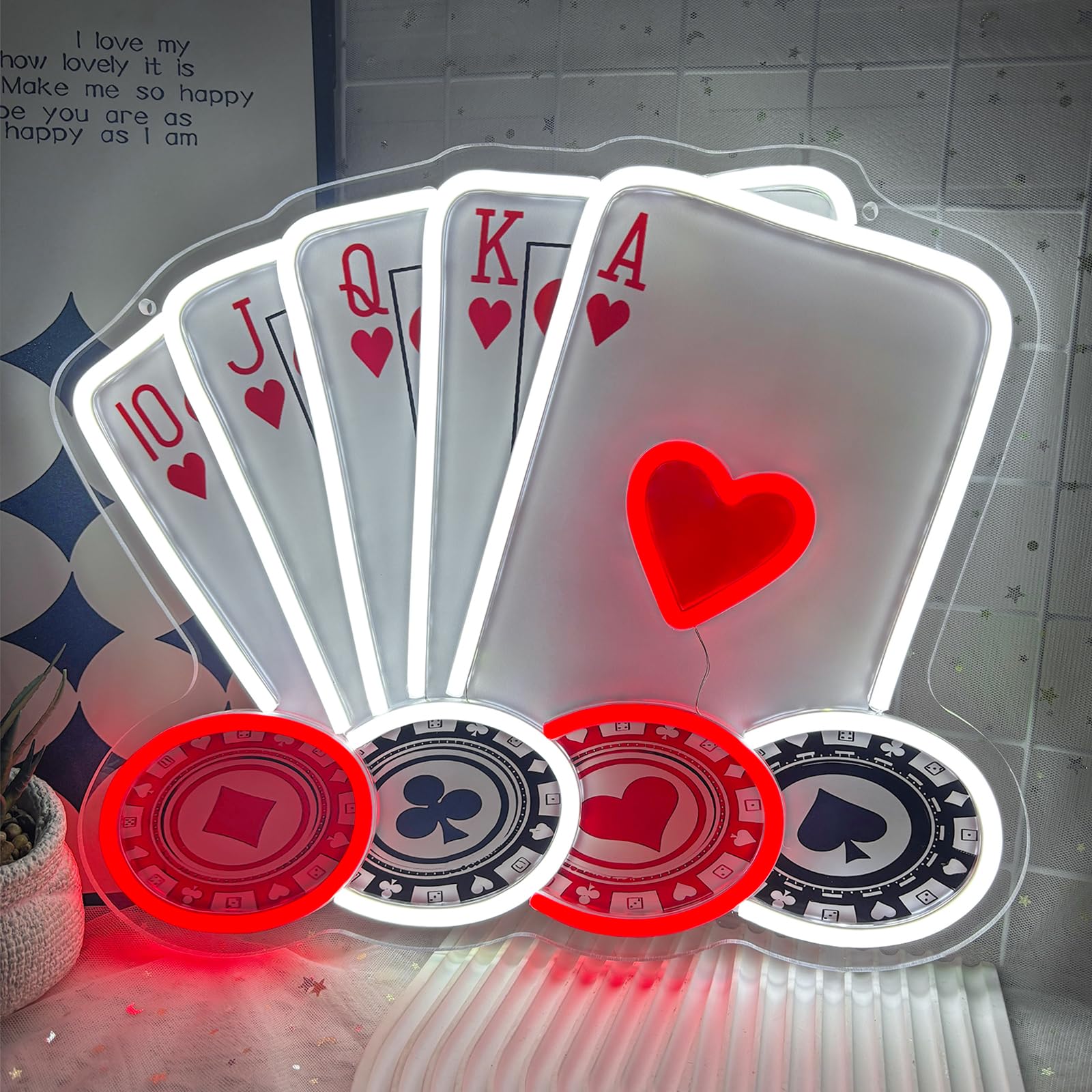 Poker Neon Sign, Dimmable LED Neon Light with Royal Flush Playing Cards & Poker Chips, USB Powered Neon Lamp for Game Room, Bar, Casino, Man Cave, Aesthetic Wall Decor, Gift