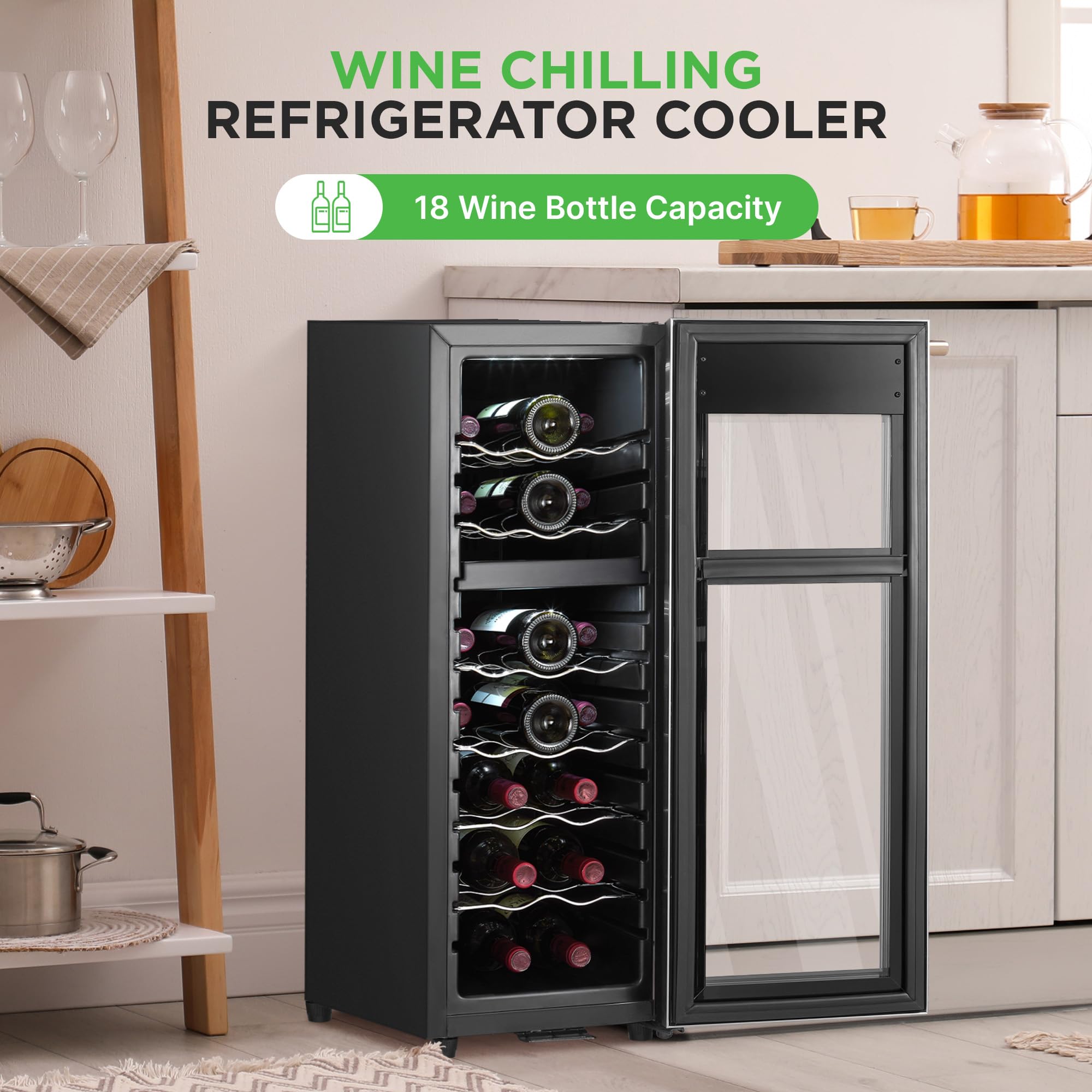 Nutrichef 18 Bottle Wine Fridge | Dual Zone Wine Chiller | Adjustable Temperature 41°F to 64°F | Ultra Quiet Operation | Wine Cooler For Home & Office | Free Standing 32x11x23 IN | Black