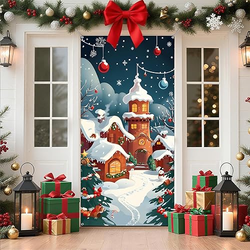 Miniatura 11 de Cubierta de Puerta de Navidad Papá Noel Muñeco de Nieve Árbol de Navidad Corona Pancarta Decoración de Vacaciones de Invierno para Puerta Principal