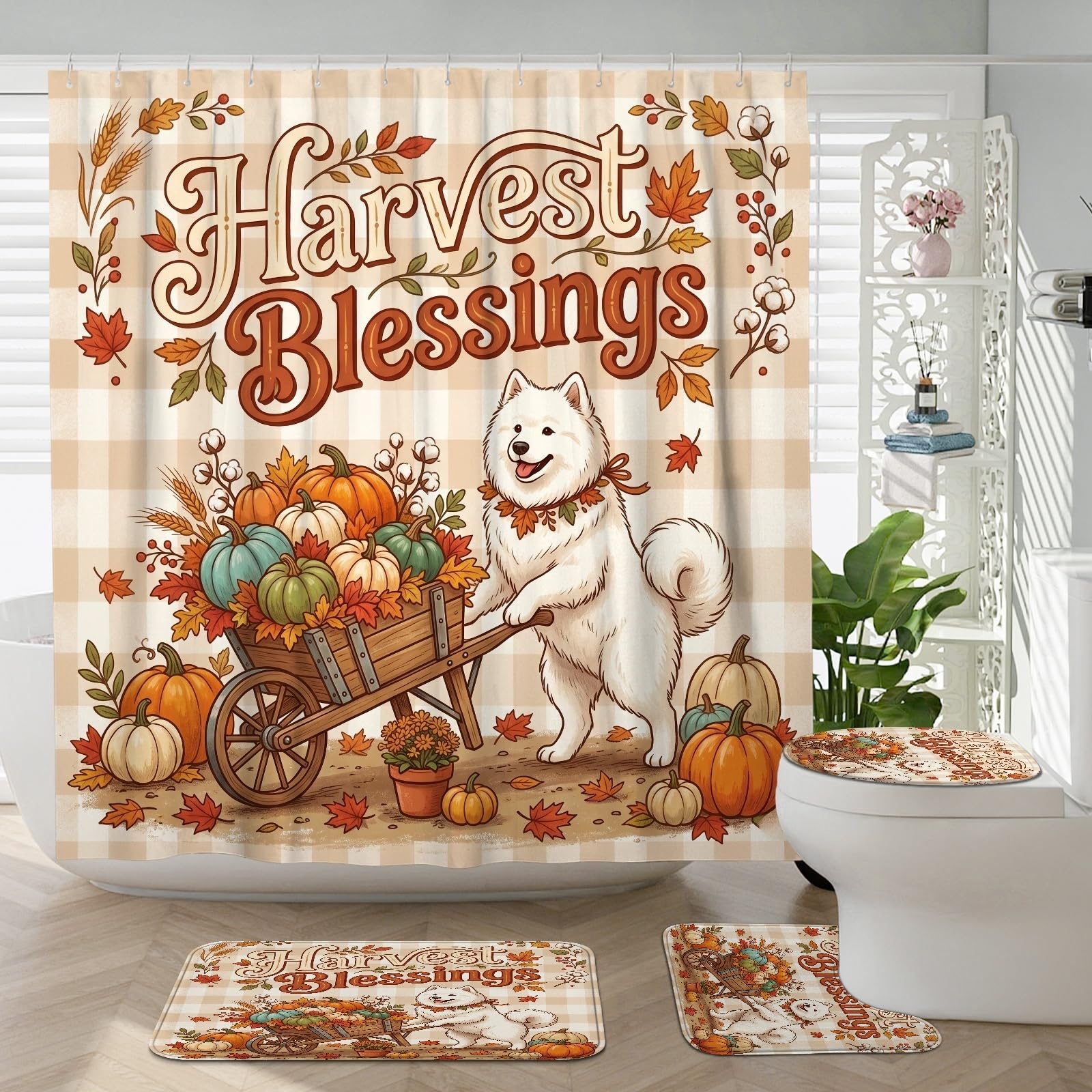 Rideaux de douche samoyède d'automne pour une décoration de bain cocooning avec tapis assortis