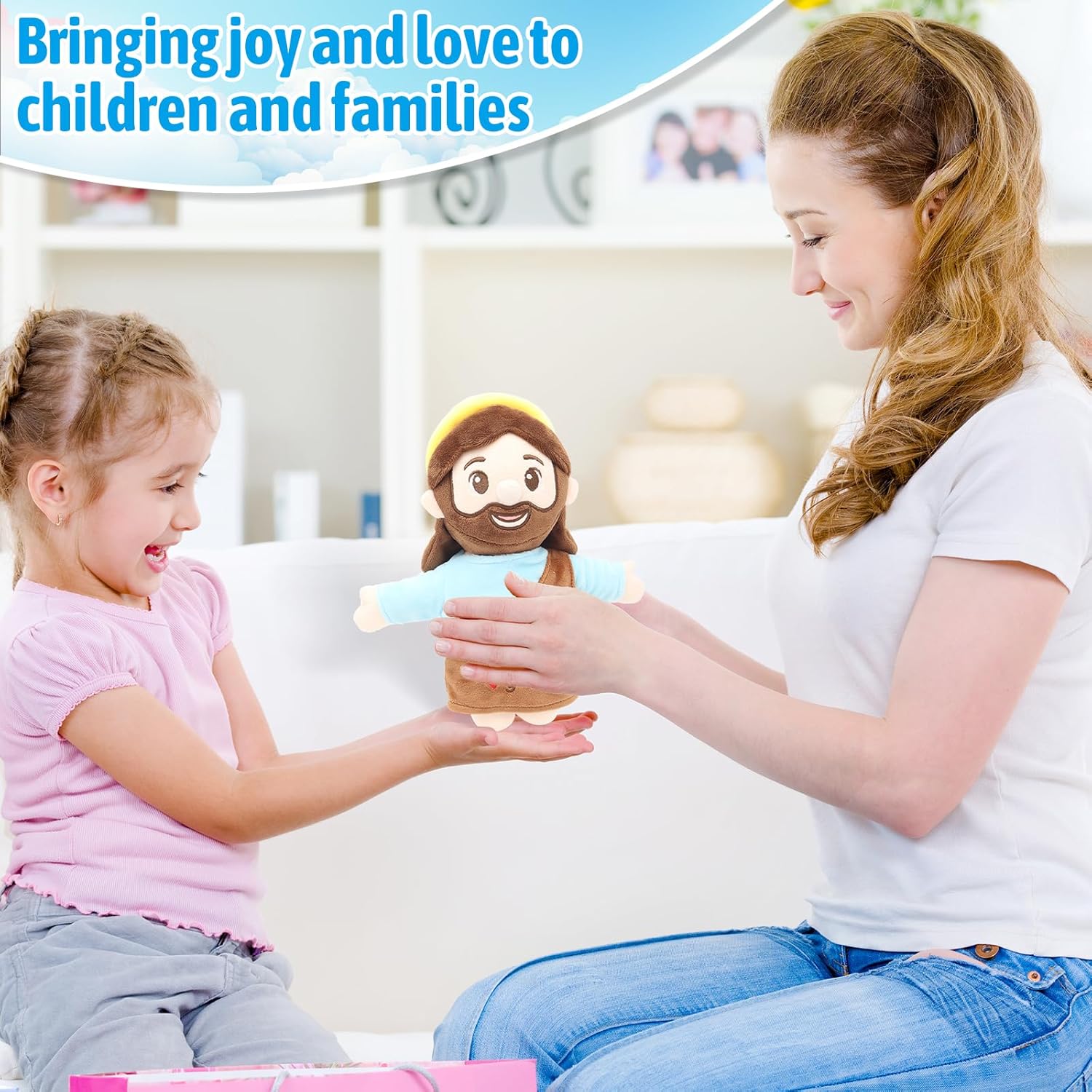 Yelakey Jesus Plush 10", Jesus Plush Stuffed Doll with Halo, White-Skinned Big-Eyed Cute Plushie Gifts for Kids, Christian Stuff Religious Party Toys for Church Easter Christmas Baptisms Favors