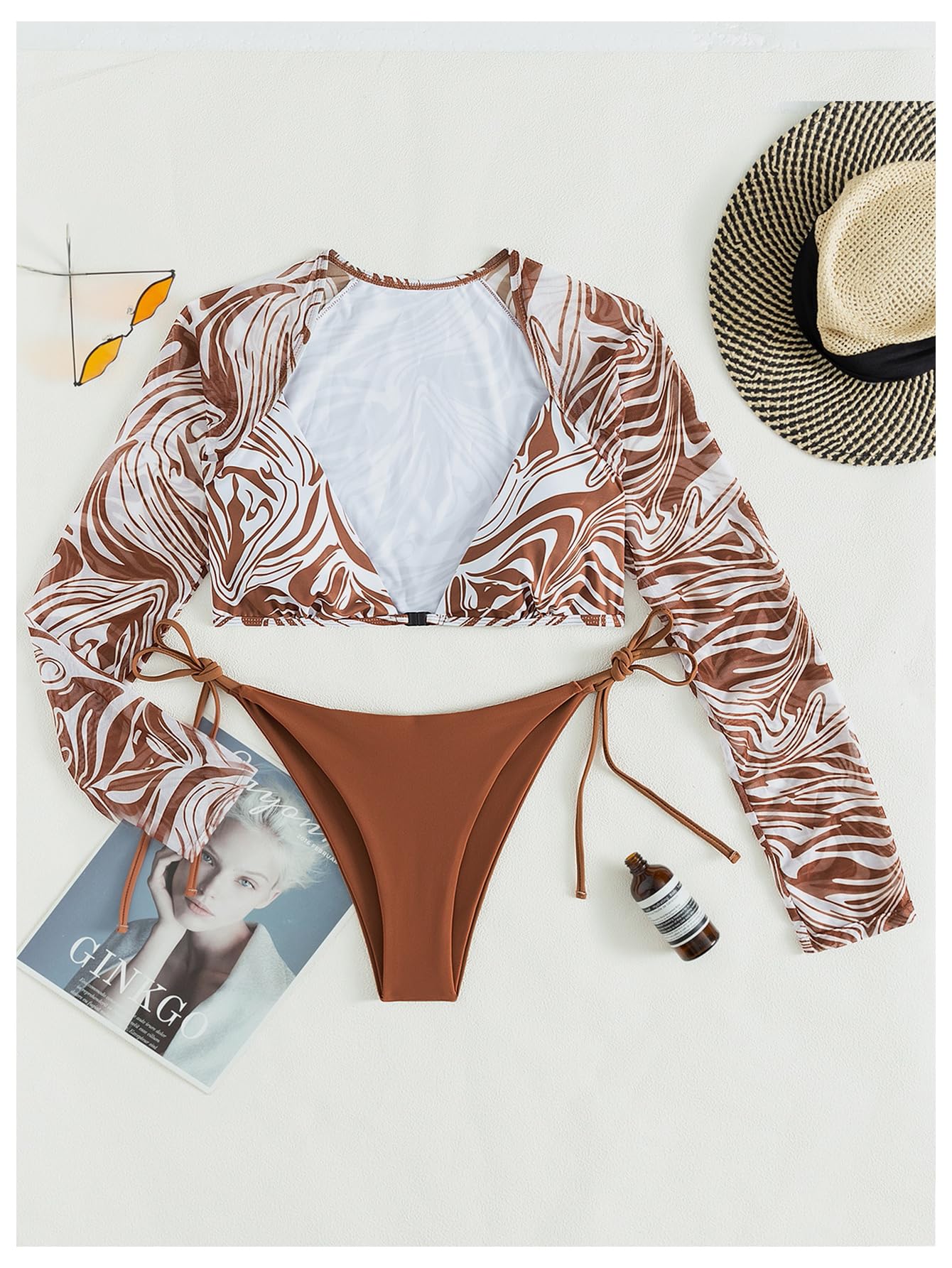 Damskie 2-częściowy Nadruk Marmurkowy Zestaw Tankini Głęboki Dekolt Crop Top Głęboko Wycięty Stringi Bezczelne Stroje Kąpielowe Kawowy Brąz X-Small