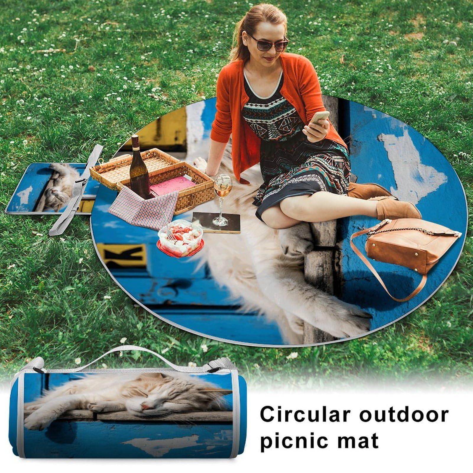 Śpiący mały kot koc piknikowy, okrągły, składany, lekki, wodoodporny koc plażowy, koc outdoorowy, na wiosnę, lato, kemping, do parku, trawy podróżnej