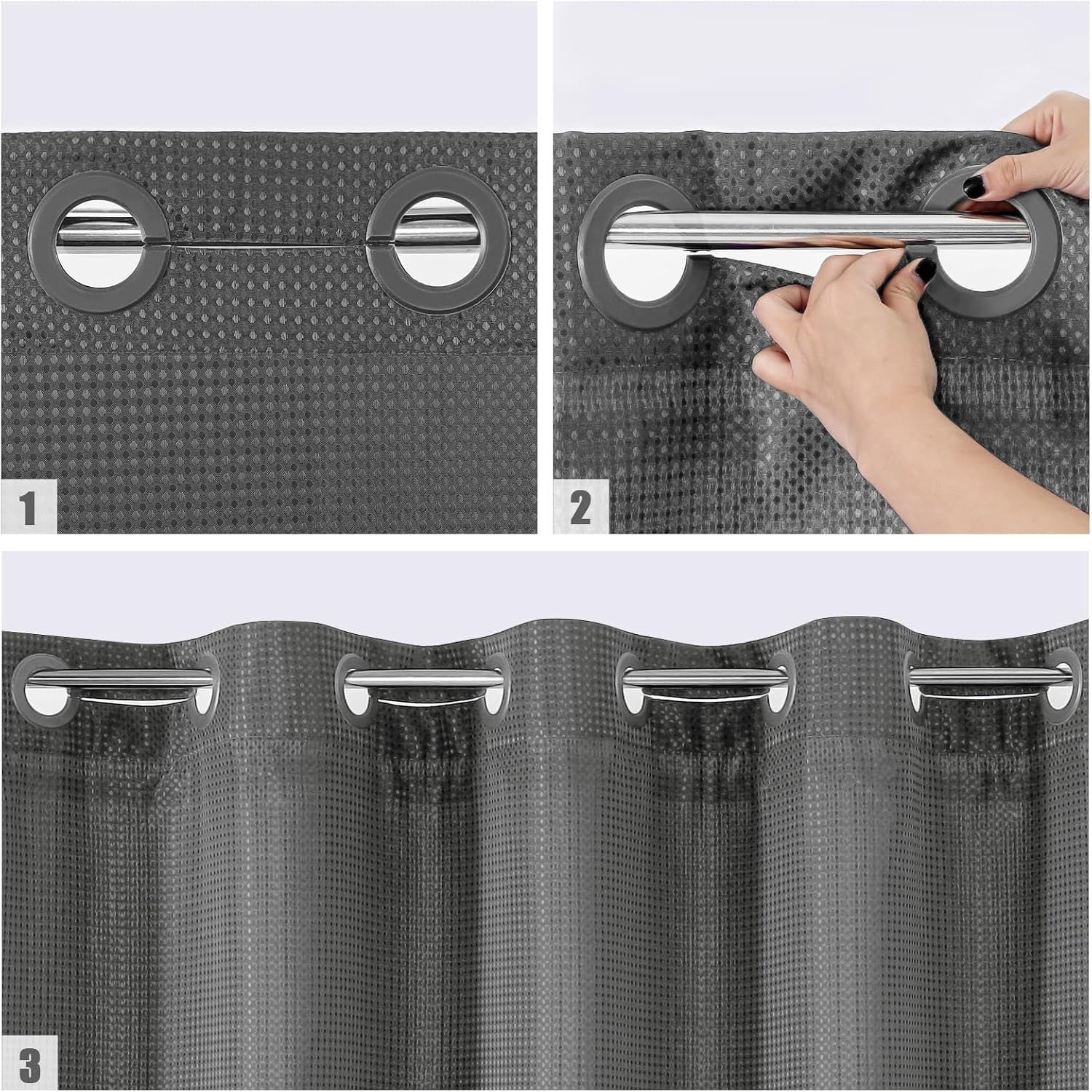 MitoVilla No Hooks Needed Grey Waffle Shower Curtain Liner Set, Modern Waffle Weave Heavy Duty Fabric Cloth Shower Curtain with Snap-in Liner for Luxury Neutral Hotel Spa Bathroom Decor