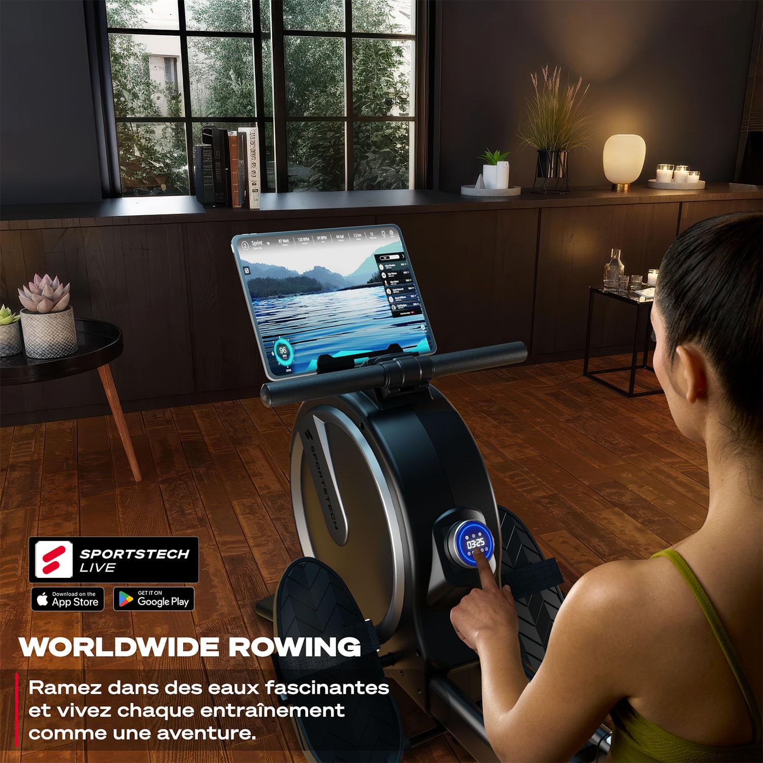Sportstech PROwer Rameur d’Appartement – 32 Niveaux, Résistance Magnétique, Écran LED, Silencieux, Rail Double, Bluetooth, Support Tablette, Rangement Vertical, Entraînement Complet