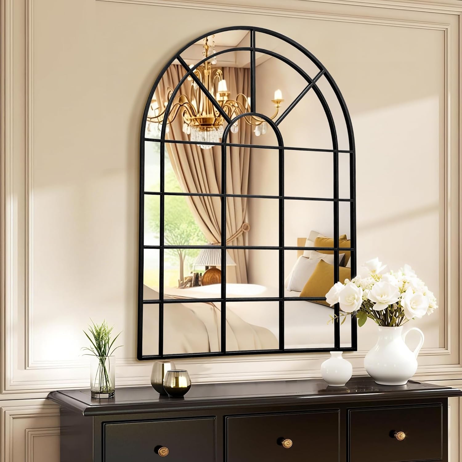 Besdomus Large Arched Window Mirror: 29"x42" Black Classic Farmhouse Wall Mirror - Wall Decor for Fireplace/Entryway/Hallway/Living Room - Ideal for Home Decor Enthusiast