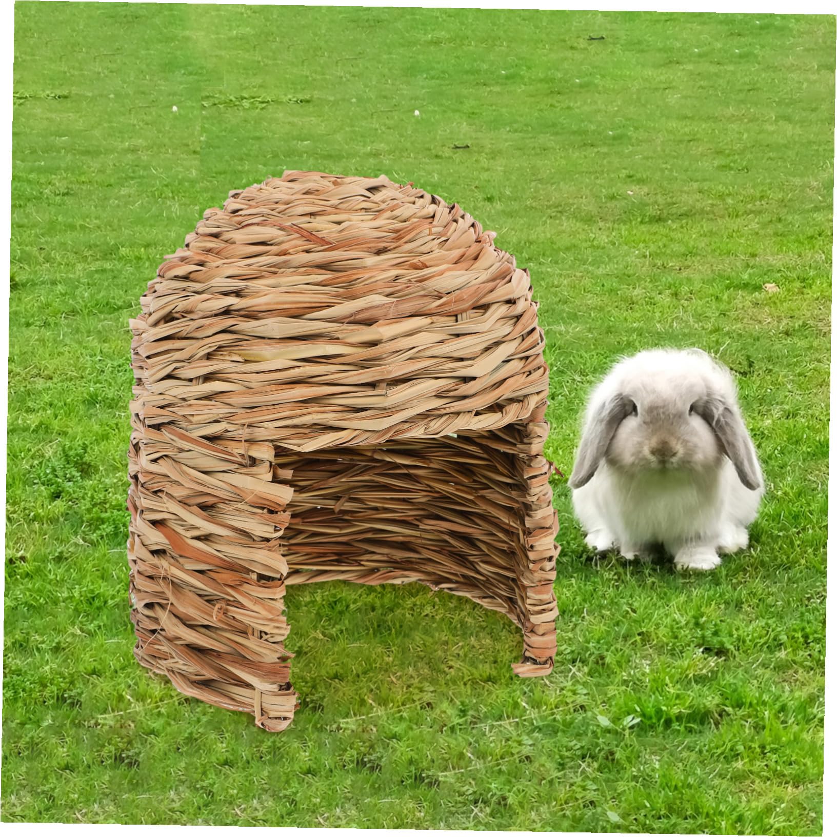 Hohopeti Großes Kaninchengrashaus aus Handgeflochtenem Gras für Meerschweinchen und Kaninchen Tragbares Kleintierversteck Geeignet für Innen und Außenbereich
