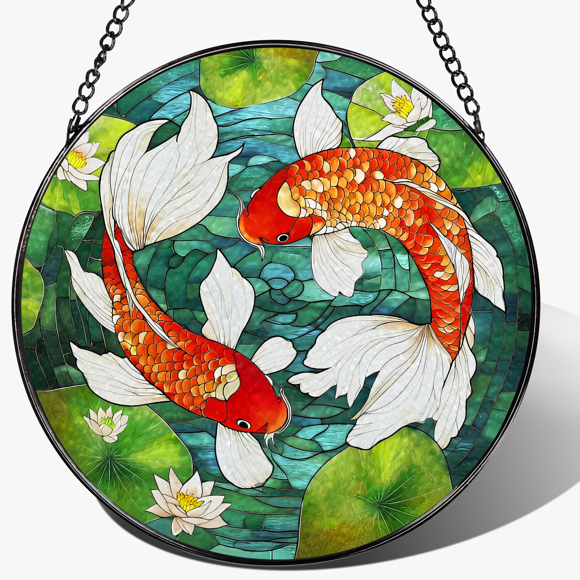 8-Inch Koi Fish Stained Glass Suncatcher Ornament, Stained Glass Window Hanging, Window Hanging Decor – Mother's Day, Christmas, Birthday | Gifts for Parent, Friend, Newlywed, Coworker | Holiday Decor