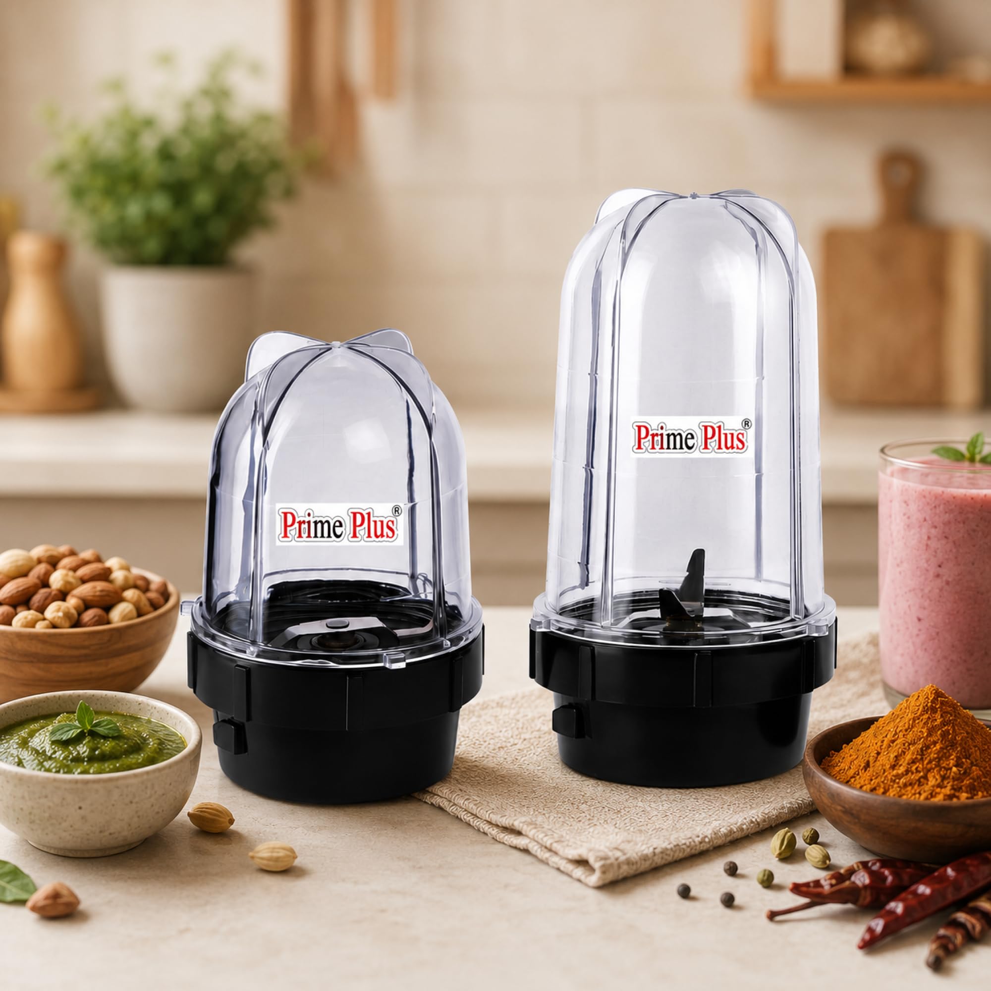 Prime Plus Bullet Mixer Grinder Jar Set of 2 (500ml & 300ml), Black | BPA-Free, Heavy-Duty Replacement Bullet Jars, Leakproof, Compatible with 4 teeth coupler and 2 lock systems-image-3