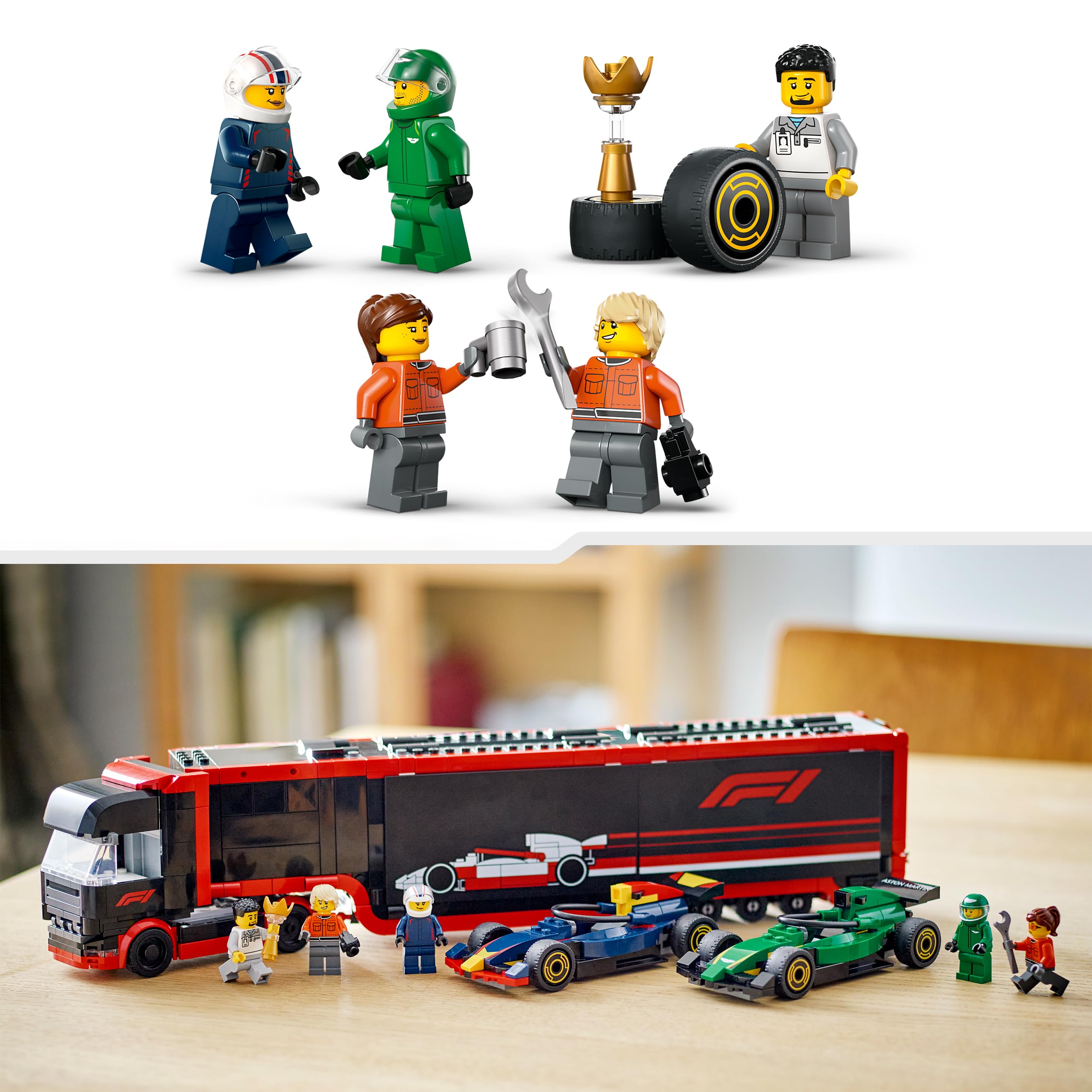 LEGO City F1 Ciężarówka z bolidami RB20 i AMR24 F1 60445 | Zabawkowa ciężarówka, zestaw klocków dla dzieci 8+, prezent dla fana F1, dla chłopca i dziewczynki, 1086 elementów