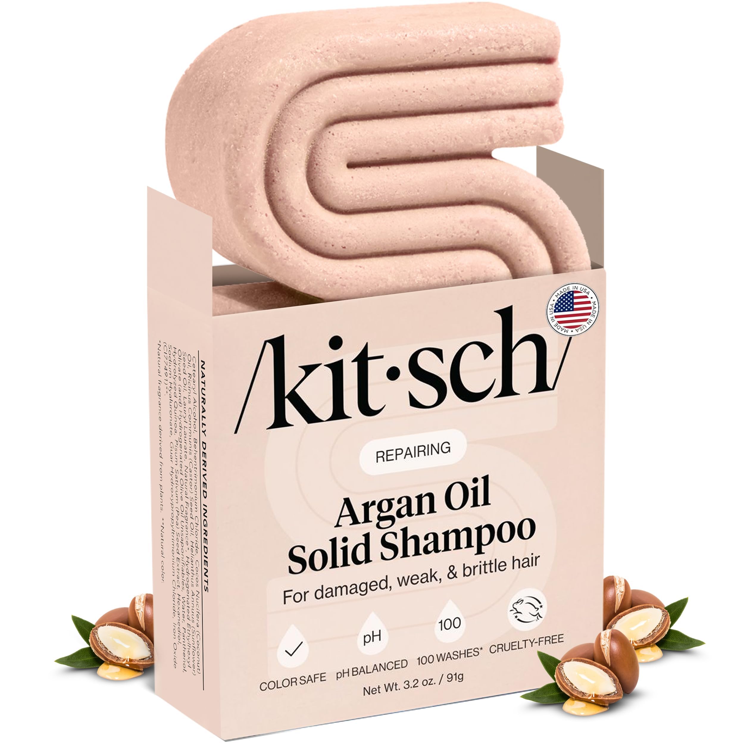 Kitsch Argan Oil Shampoo Bar - Repairing Solid Hair Shampoo for Women and Men - Strengthening, Moisturizing Hair Care - Silicone, Paraben & Sulfate Free, Vegan, Made in USA - 3.2 oz