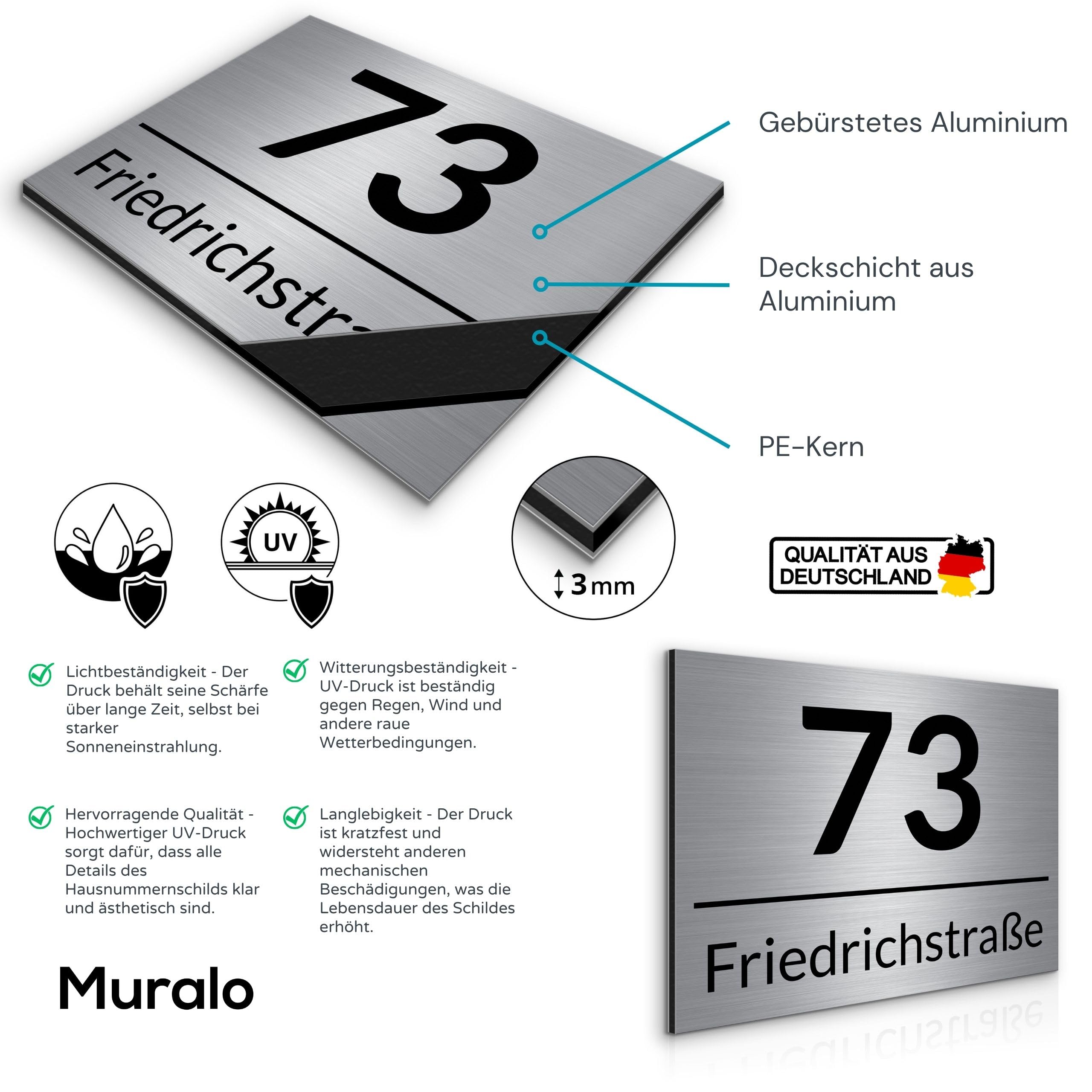 Muralo - Hausnummern-Schild Türschild Personalisiert Wetterfest für Tür, Gebäude, Zimmer - Br.40cm x Hö.30cm - Gebürstetes Aluminium