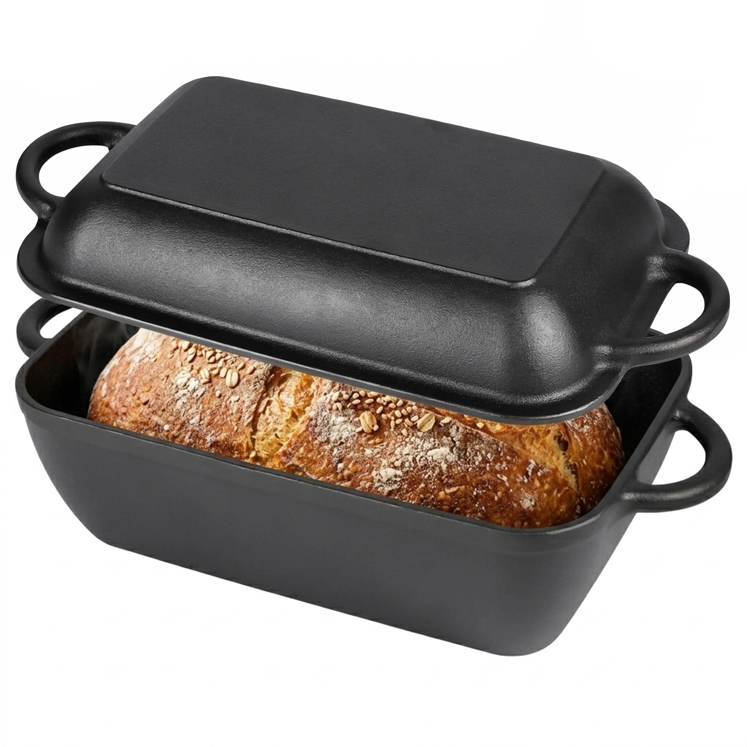 2-in-1 Cast Iron Dutch Oven Pot, Bread Loaf Pan with Lid as Skillet