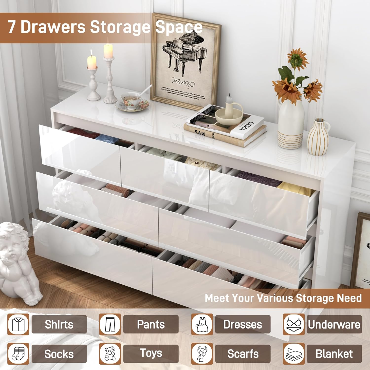 jiteentarou White Malm Dresser for Bedroom, 55 Inch Full High Gloss Dresser with 7 Drawers, Modern Large Wood Chest of Drawer Handle Free, Living Room, Entryway, Hallway, White