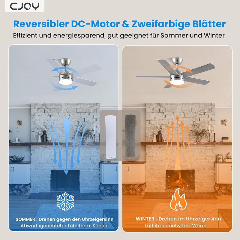 CJOY 107 cm Mennyezeti Ventilátor Lámpával - Ezüst/Fa, Távirányítós, 3 Színhőmérséklet, 5 Lapát, Csendes DC Motor, Hálószobába, Nappaliba