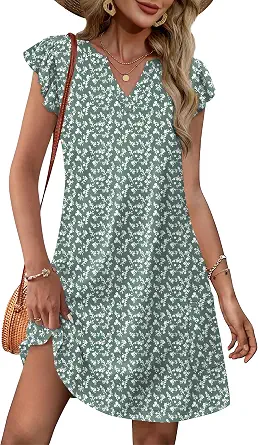 OFEEFAN Spring Summer Dresses for Women 2026 Casual Ruffle Sleeve V Neck Loose Swing Sundresses with Pockets
