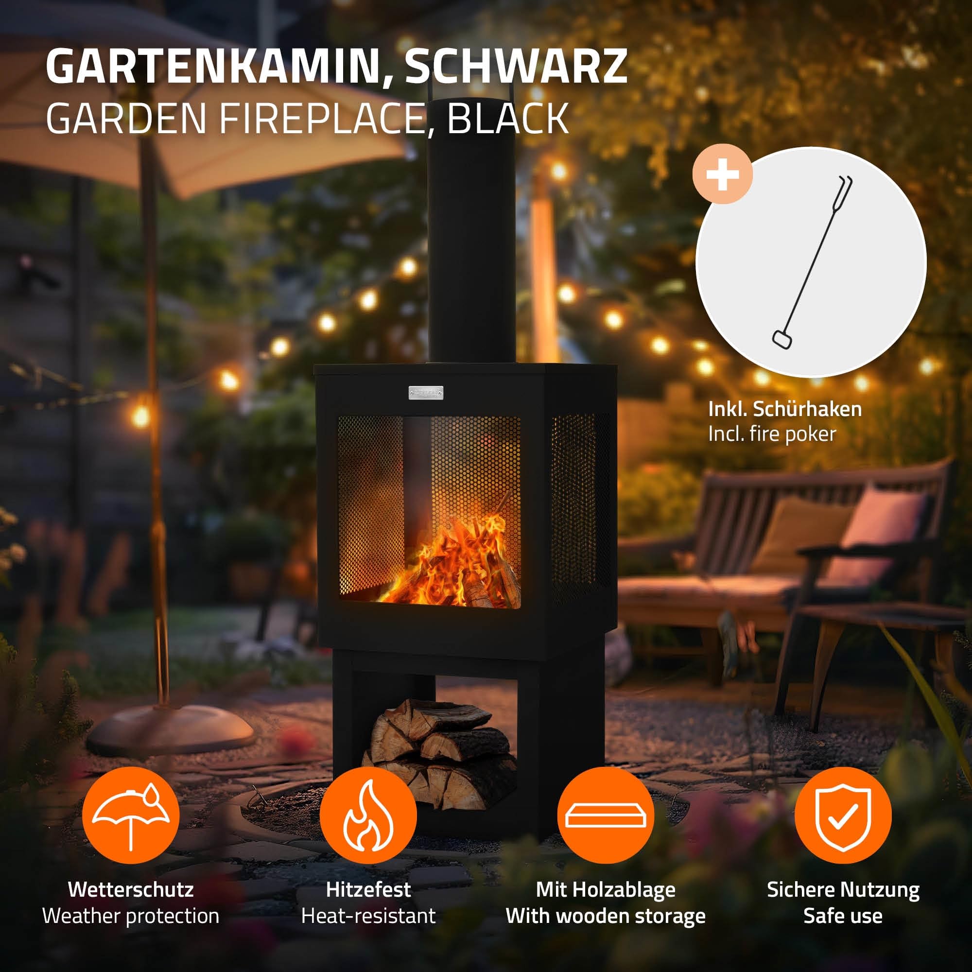 ML-Design Chimenea de Jardín 128 x 40 cm Cuadrada de Acero Negro, Estufa de Terraza para Exterior con Atizador, Techo Desmontable y Compartimento para Leña, Fogata Brasero Hoguera para Camping