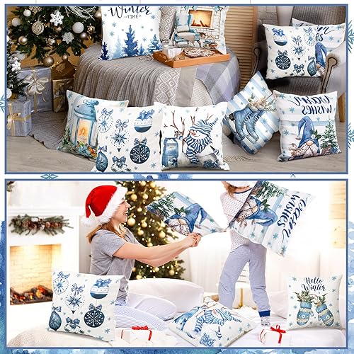 Miniatura 5 de Ganeen Juego de 12 fundas de almohada de invierno de 18 x 18 pulgadas, diseño de gnomo azul, manopla azul, copos de nieve, muñeco de nieve, muñeco